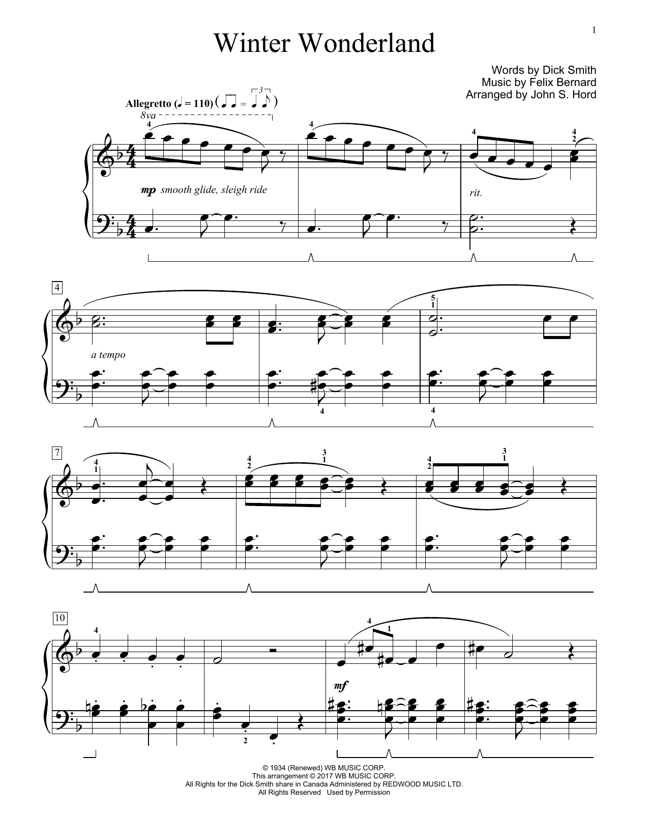 Download John S. Hord Winter Wonderland Sheet Music and learn how to play Educational Piano PDF digital score in minutes