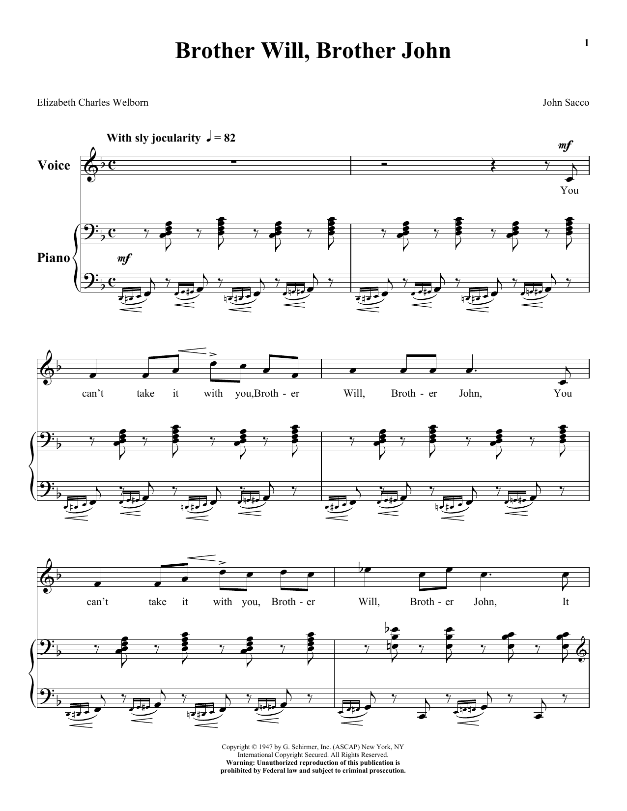 Download John Sacco Brother Will, Brother John Sheet Music and learn how to play Piano & Vocal PDF digital score in minutes