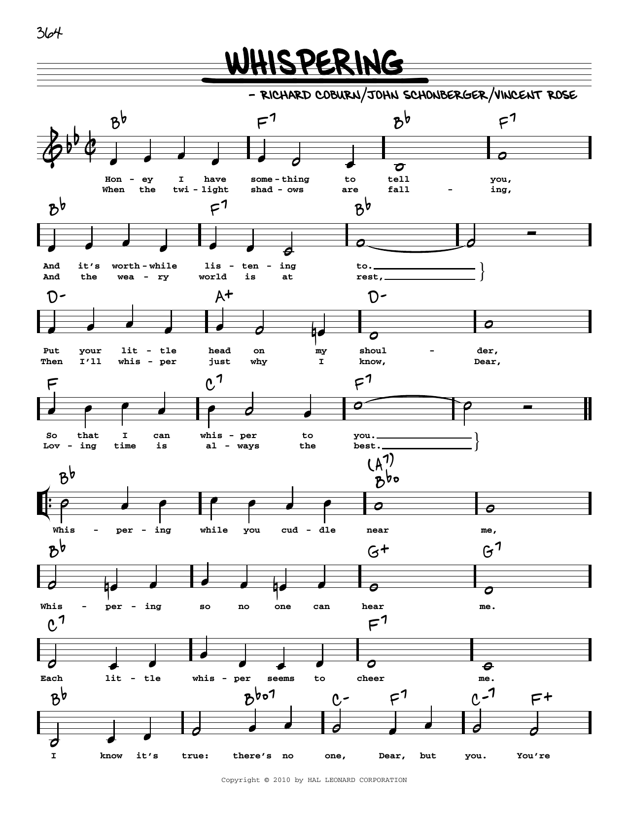 Download John Schonberger Whispering (arr. Robert Rawlins) Sheet Music and learn how to play Real Book – Melody, Lyrics & Chords PDF digital score in minutes