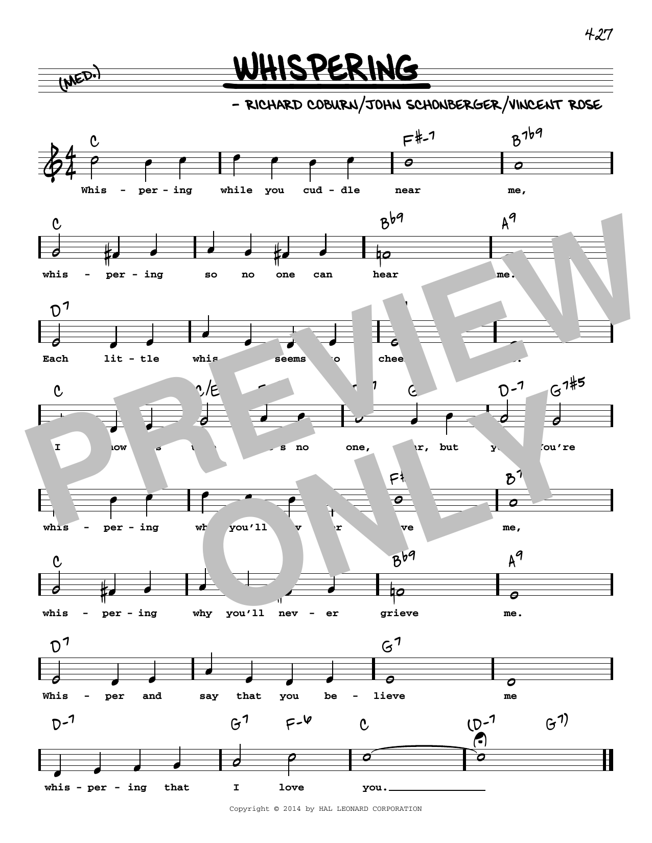 Download John Schonberger Whispering (High Voice) Sheet Music and learn how to play Real Book – Melody, Lyrics & Chords PDF digital score in minutes