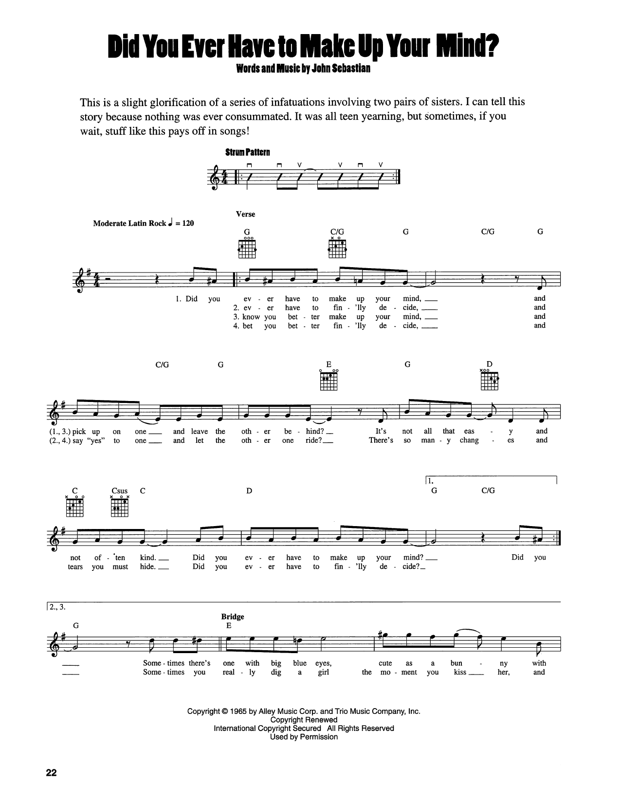 Download John Sebastian Did You Ever Have To Make Up Your Mind? Sheet Music and learn how to play Easy Guitar PDF digital score in minutes