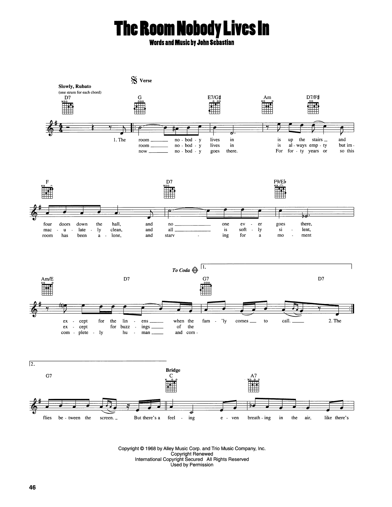 Download John Sebastian The Room Nobody Lives In Sheet Music and learn how to play Easy Guitar PDF digital score in minutes