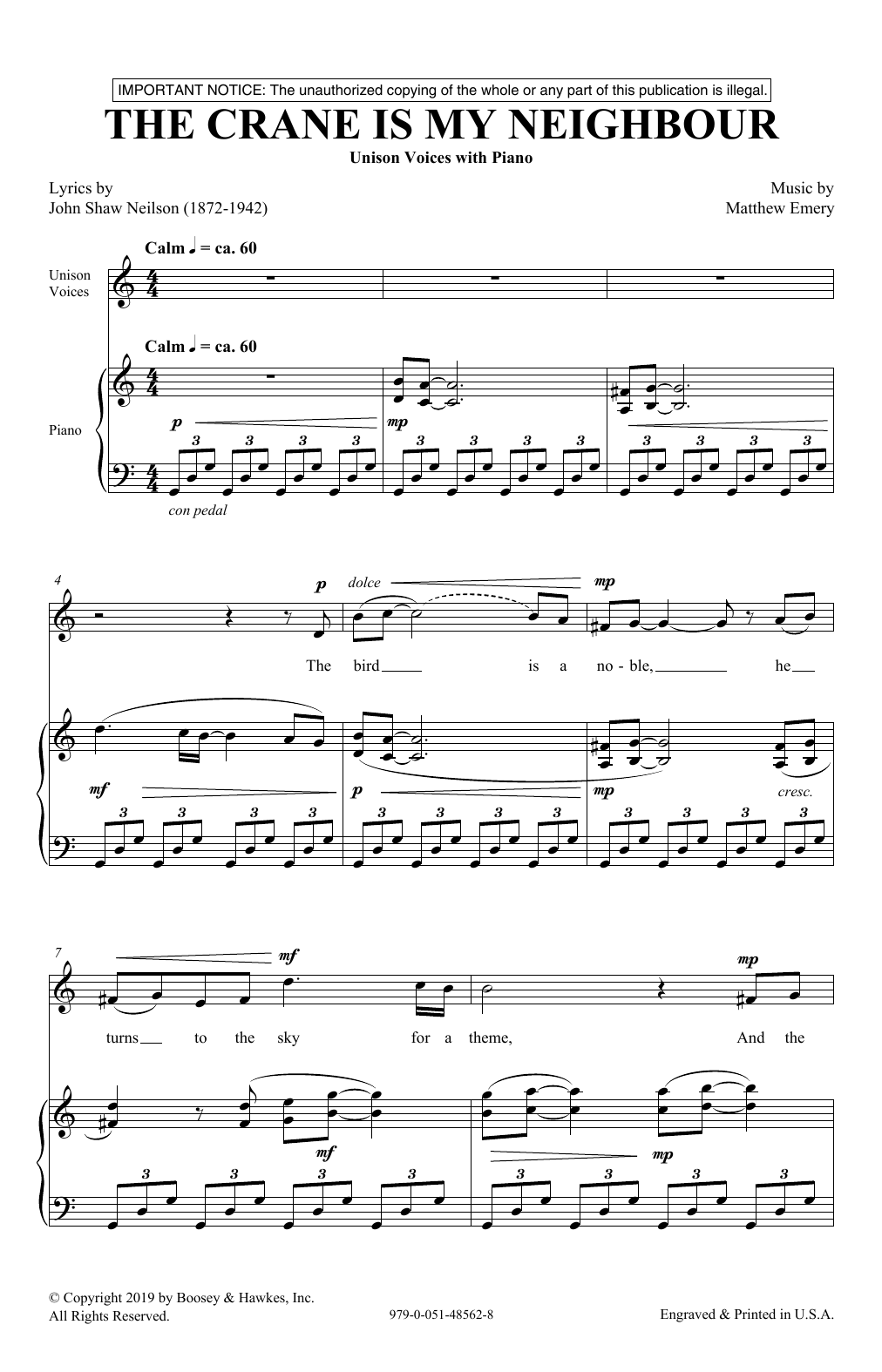 Download John Shaw Neilson and Matthew Emery The Crane Is My Neighbour Sheet Music and learn how to play Unison Choir PDF digital score in minutes