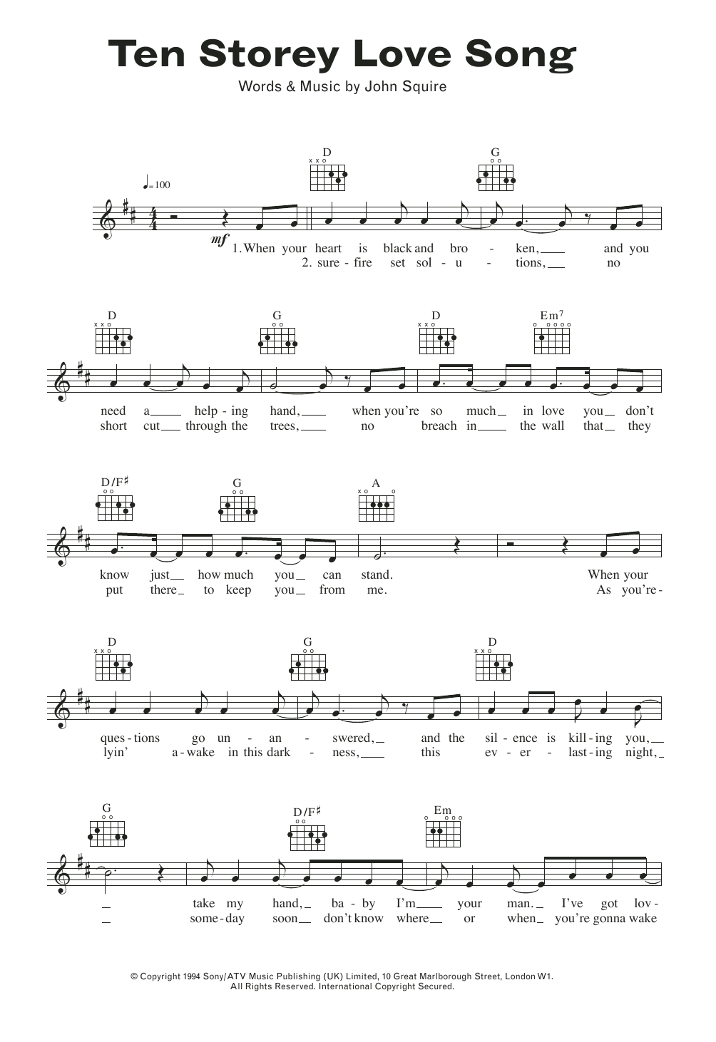 Download John Squire Ten Storey Love Song Sheet Music and learn how to play Melody Line, Lyrics & Chords PDF digital score in minutes