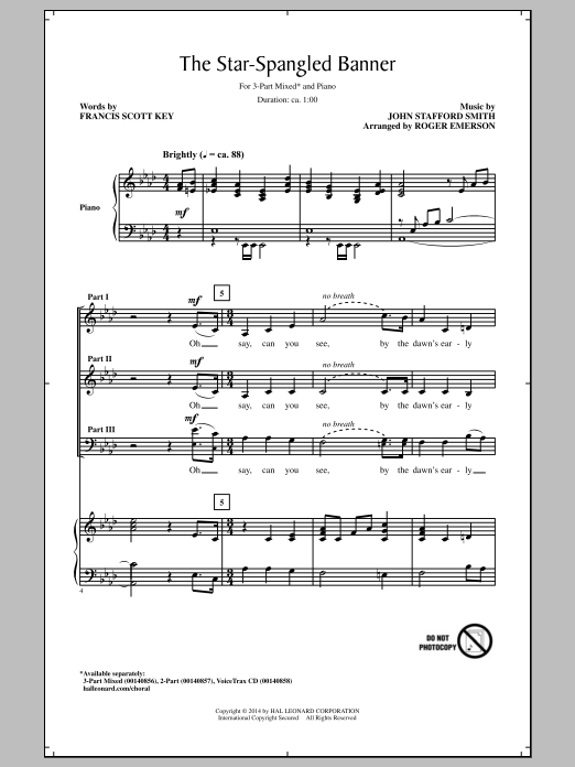 Download John Stafford Smith The Star Spangled Banner (arr. Roger Emerson) Sheet Music and learn how to play 3-Part Mixed PDF digital score in minutes