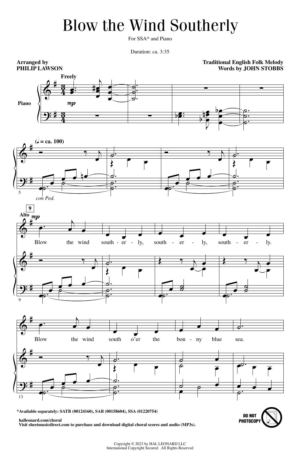 Download John Stobbs Blow The Wind Southerly (arr. Philip Lawson) Sheet Music and learn how to play SSA Choir PDF digital score in minutes