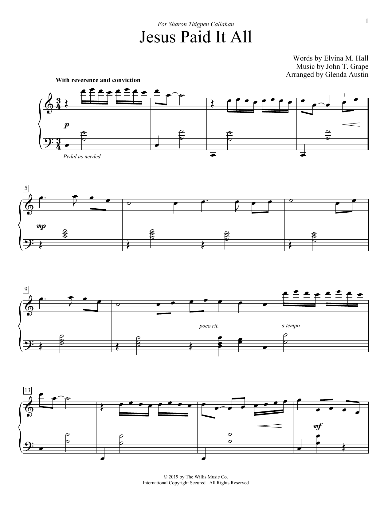 Download John T. Grape Jesus Paid It All (arr. Glenda Austin) Sheet Music and learn how to play Educational Piano PDF digital score in minutes