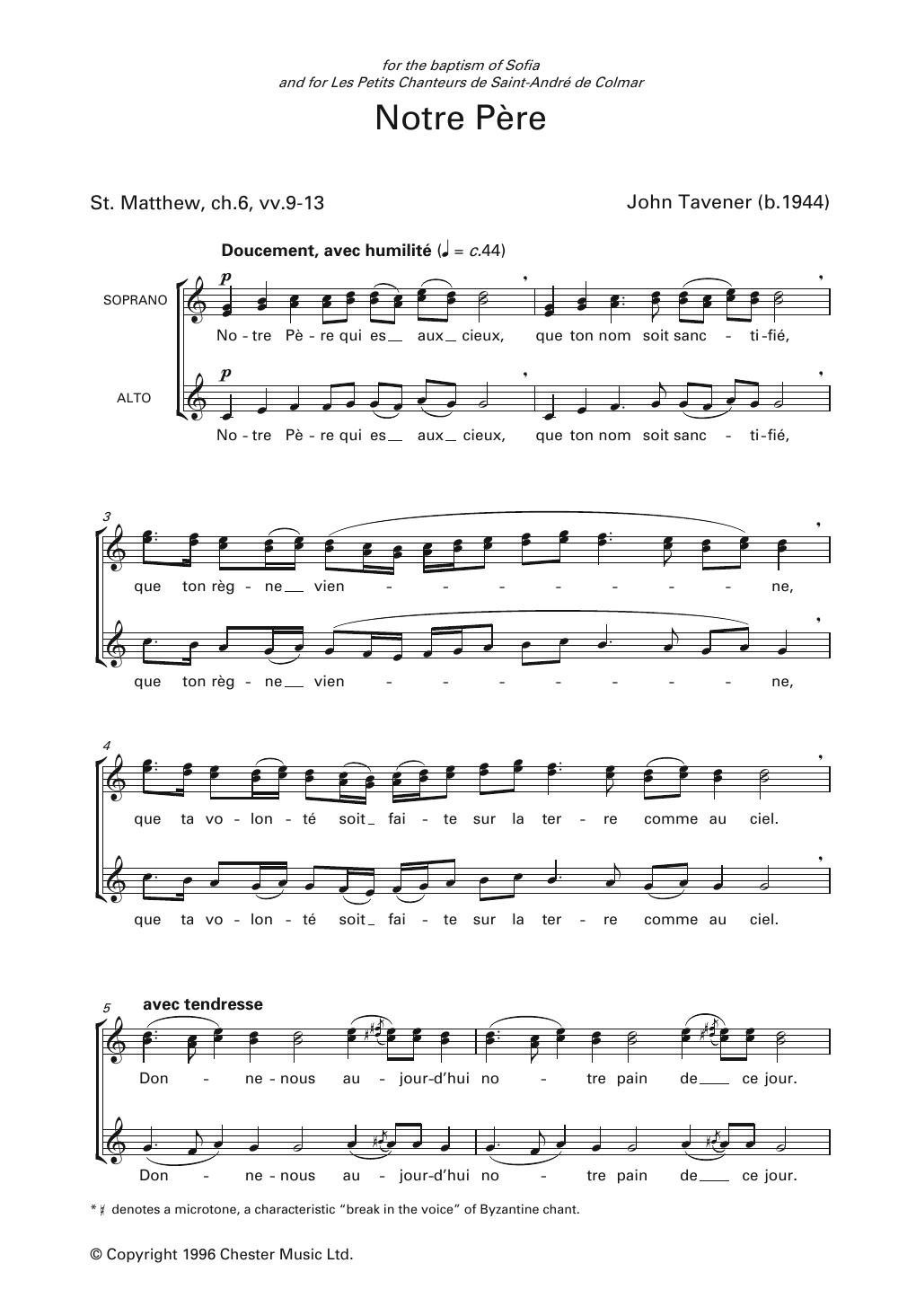 Download John Tavener Notre Pere Sheet Music and learn how to play SSA PDF digital score in minutes