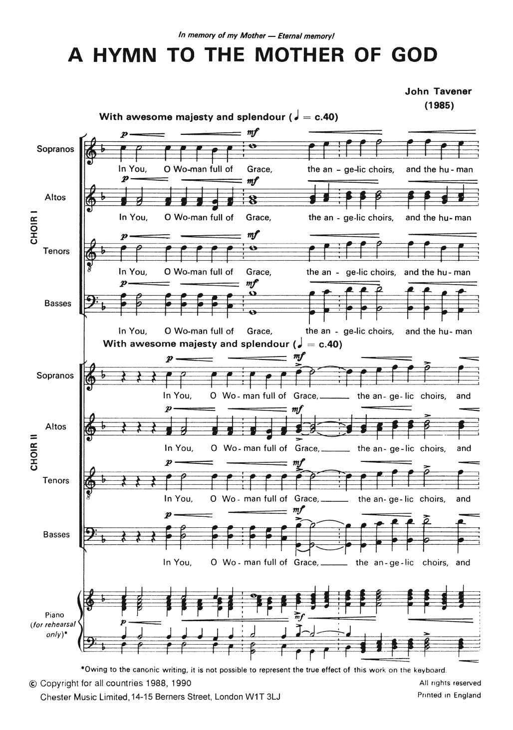 Download John Tavener Two Hymns To The Mother Of God Sheet Music and learn how to play Piano, Vocal & Guitar PDF digital score in minutes