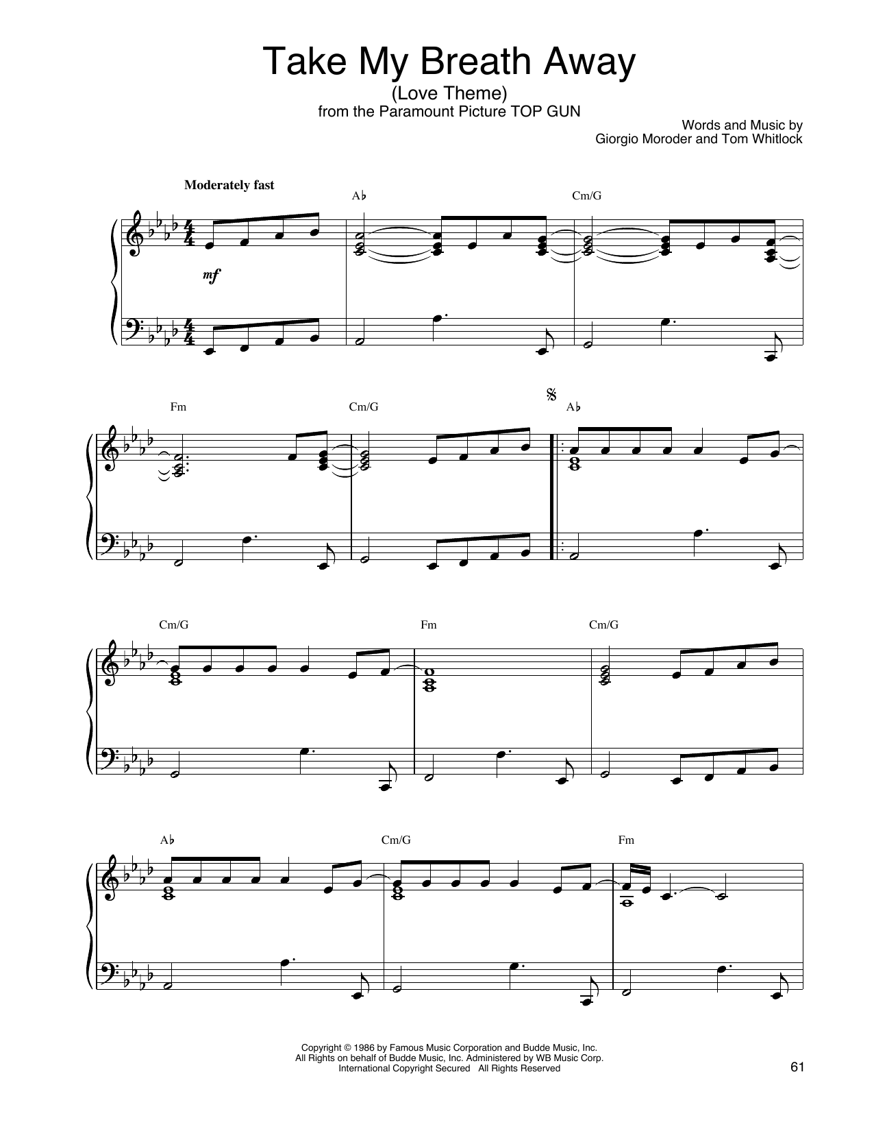 Download John Tesh Take My Breath Away (Love Theme) Sheet Music and learn how to play Piano Solo PDF digital score in minutes