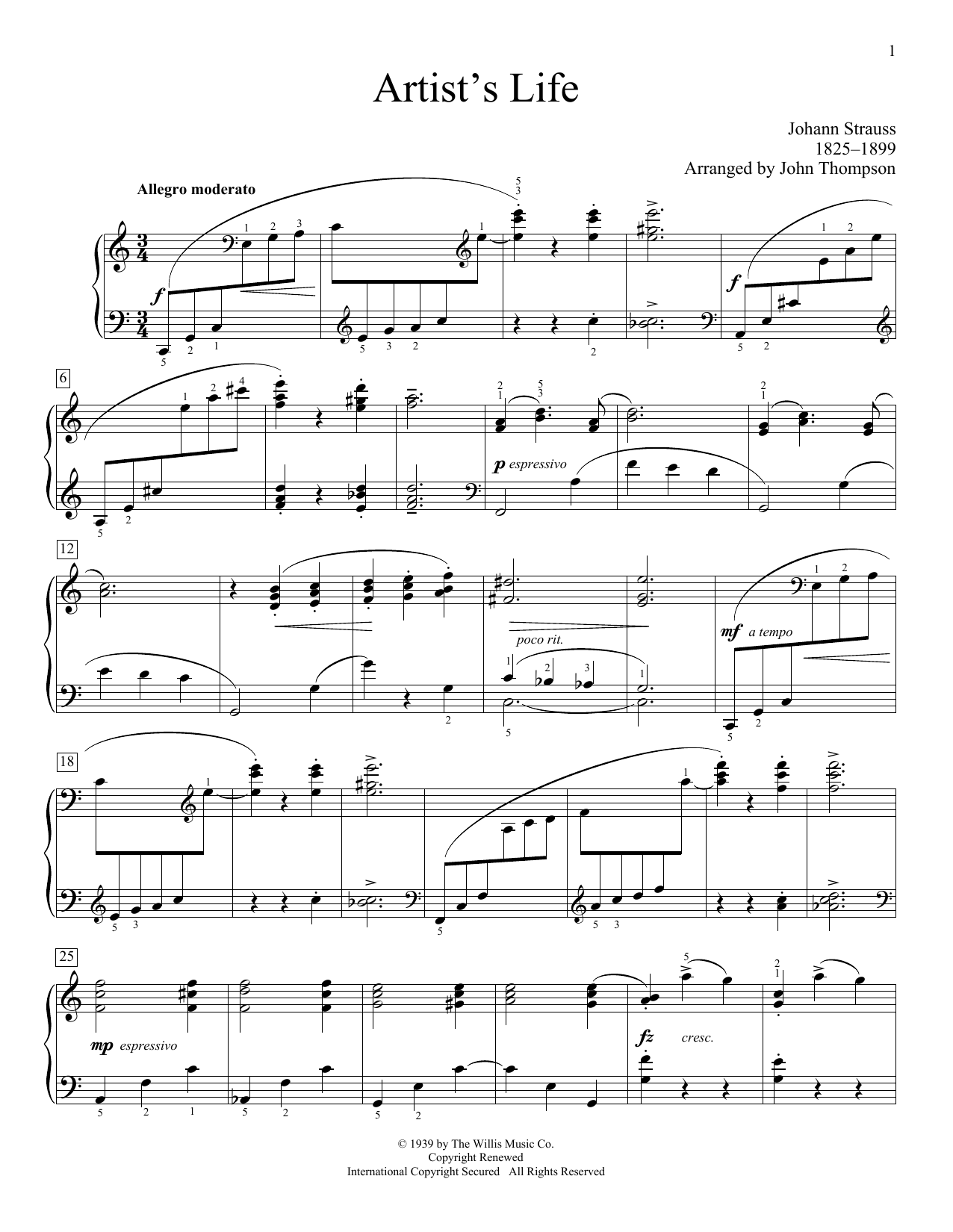 Download Johann Strauss II Artist's Life (arr. John Thompson) Sheet Music and learn how to play Easy Piano PDF digital score in minutes