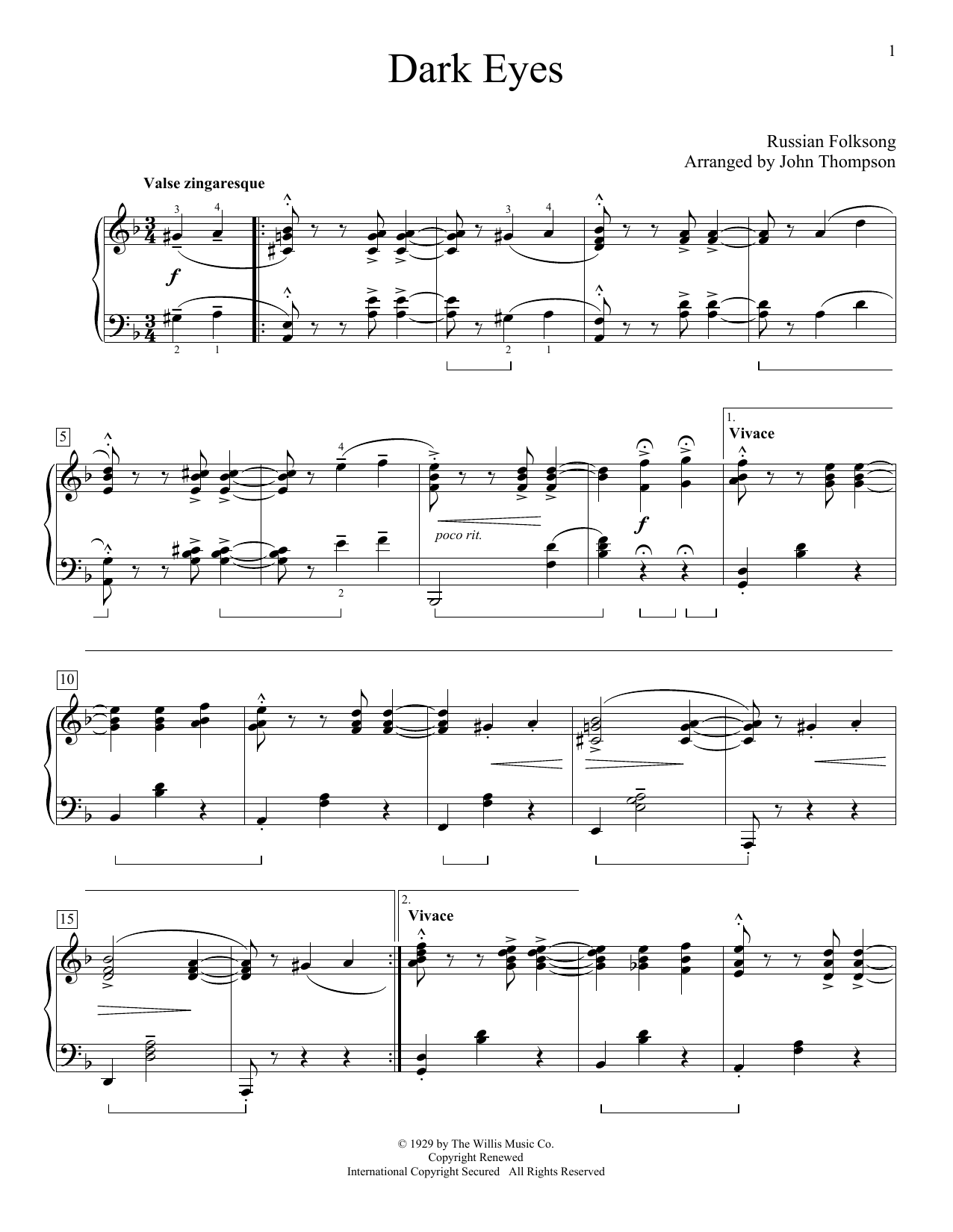 Download John Thompson Dark Eyes Sheet Music and learn how to play Easy Piano PDF digital score in minutes