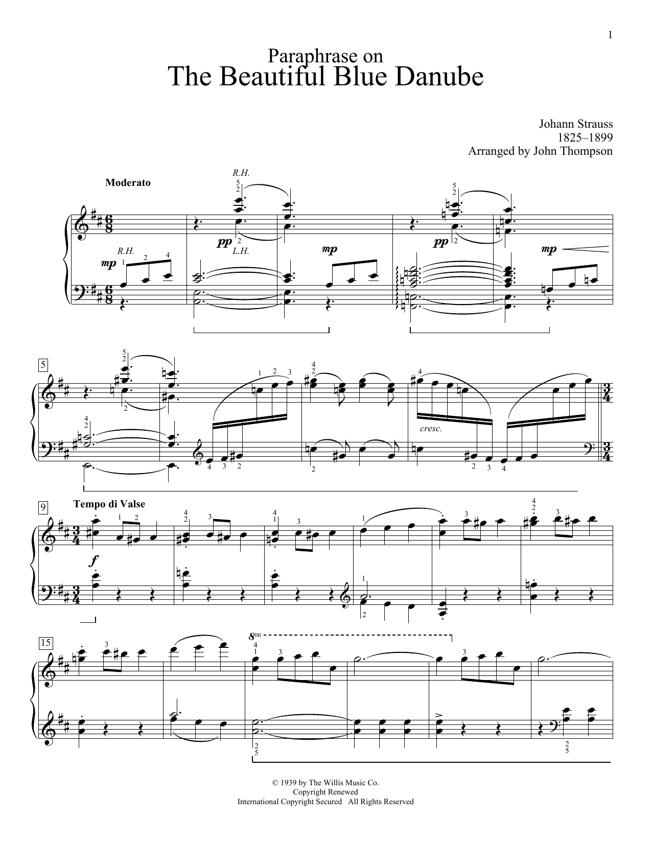 Download Johann Strauss II Paraphrase On The Beautiful Blue Danube (arr. John Thompson) Sheet Music and learn how to play Easy Piano PDF digital score in minutes