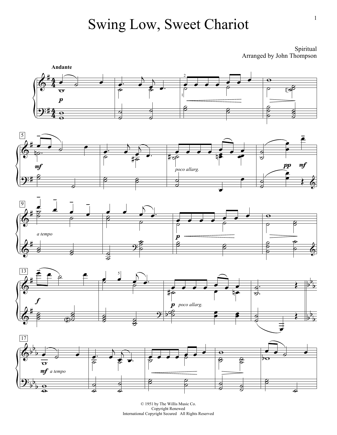 Download Traditional Spiritual Swing Low, Sweet Chariot Sheet Music and learn how to play Easy Piano PDF digital score in minutes