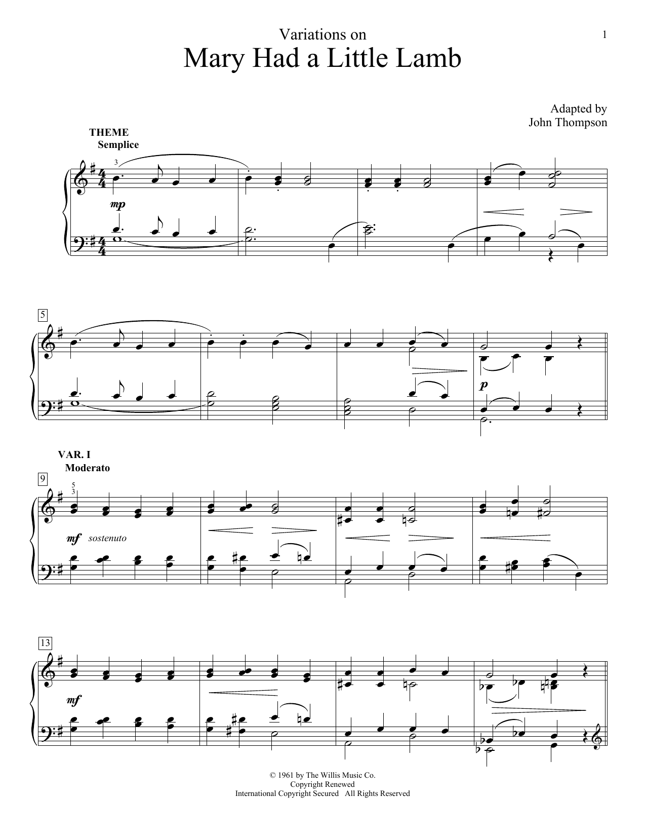 Download John Thompson Variations On Mary Had A Little Lamb Sheet Music and learn how to play Easy Piano PDF digital score in minutes