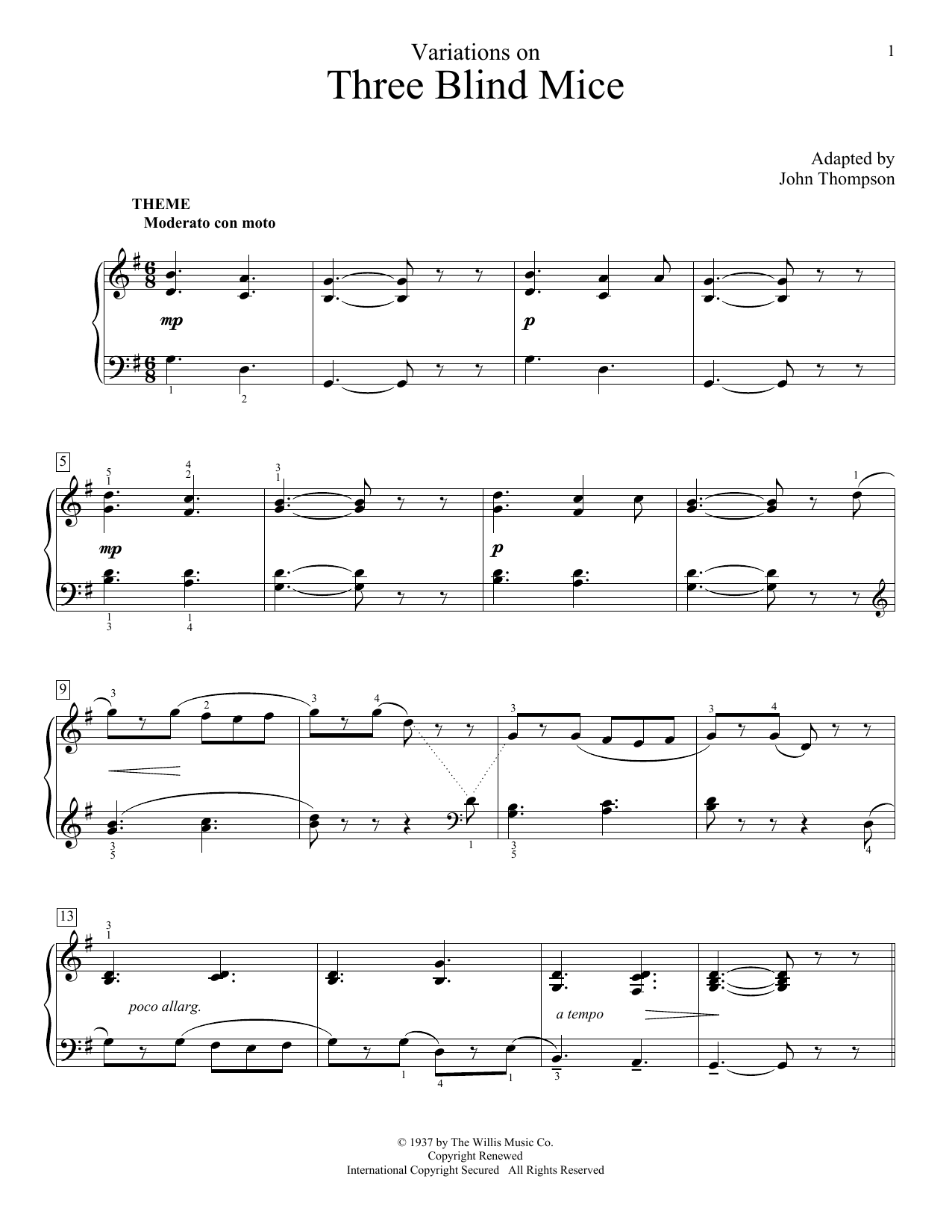 Download John Thompson Variations On Three Blind Mice Sheet Music and learn how to play Easy Piano PDF digital score in minutes