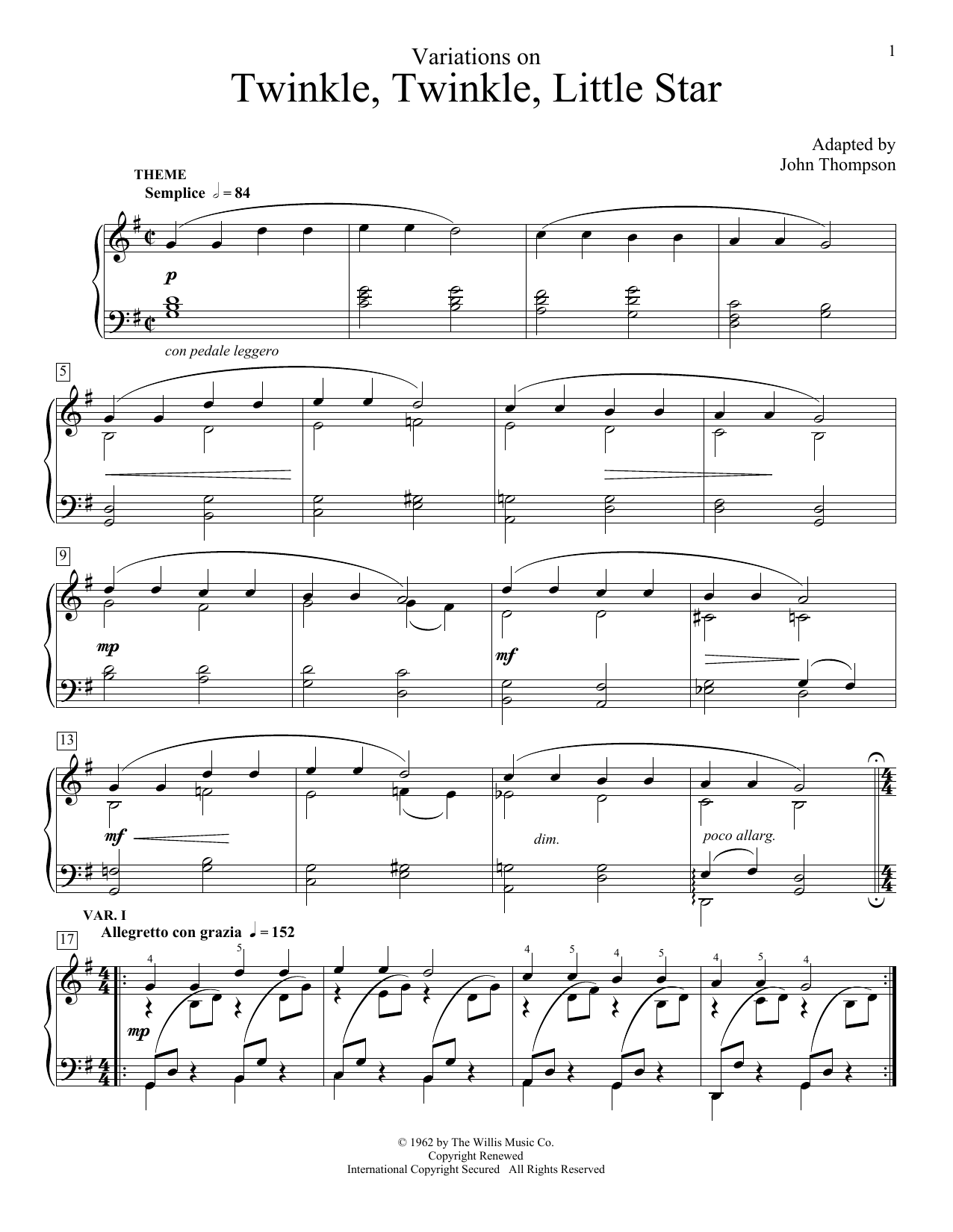 Download John Thompson Variations On Twinkle, Twinkle, Little Star Sheet Music and learn how to play Easy Piano PDF digital score in minutes