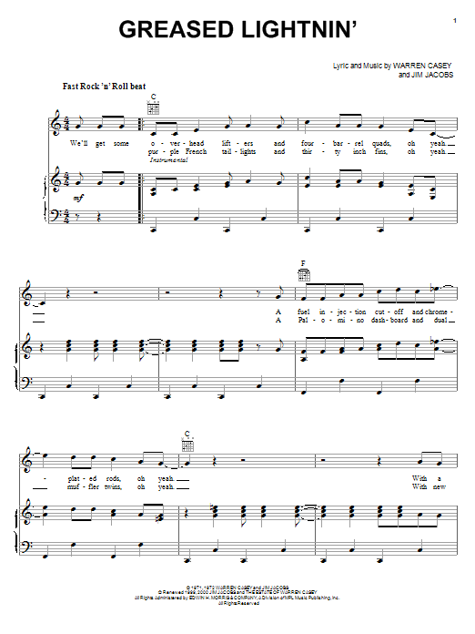Download John Travolta Greased Lightnin' Sheet Music and learn how to play Piano, Vocal & Guitar (Right-Hand Melody) PDF digital score in minutes