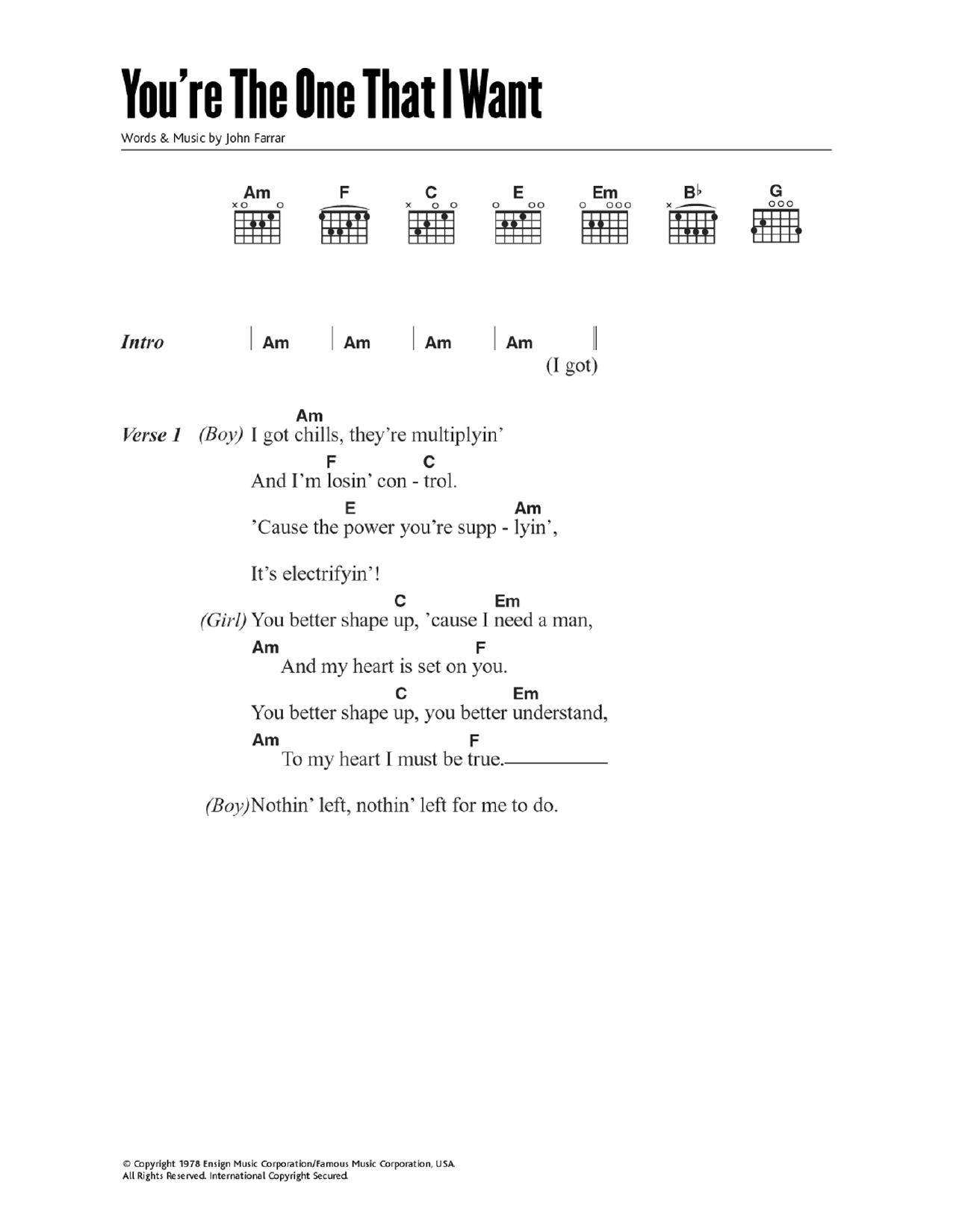 Download John Travolta You're The One That I Want (from Grease) Sheet Music and learn how to play Guitar Chords/Lyrics PDF digital score in minutes