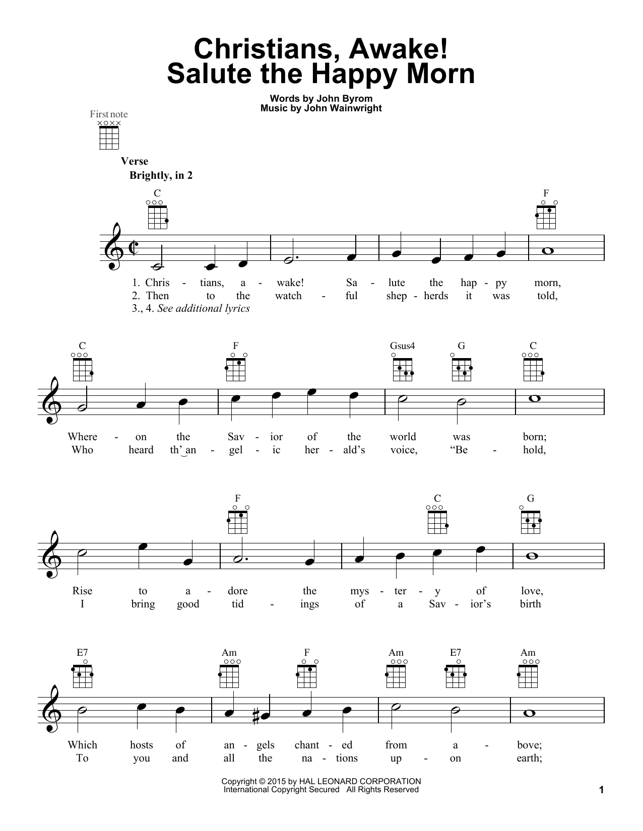 Download Traditional Carol Christians, Awake! Salute The Happy Morn Sheet Music and learn how to play Ukulele PDF digital score in minutes