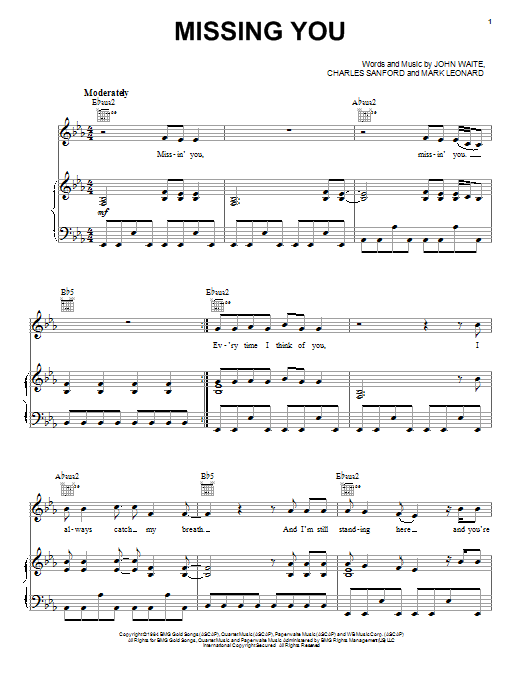 Download John Waite Missing You Sheet Music and learn how to play Piano, Vocal & Guitar PDF digital score in minutes