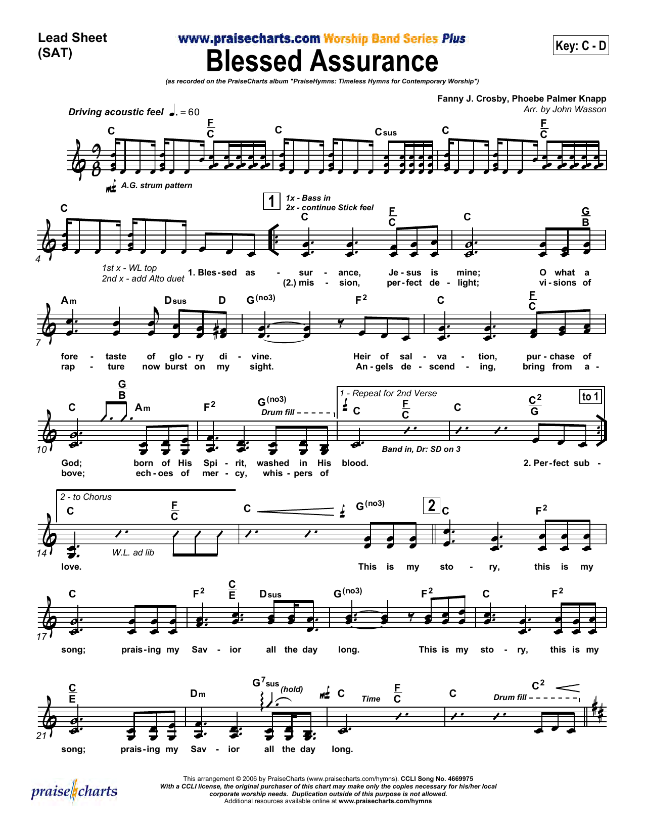 Download John Wasson Blessed Assurance Sheet Music and learn how to play Lead Sheet / Fake Book PDF digital score in minutes