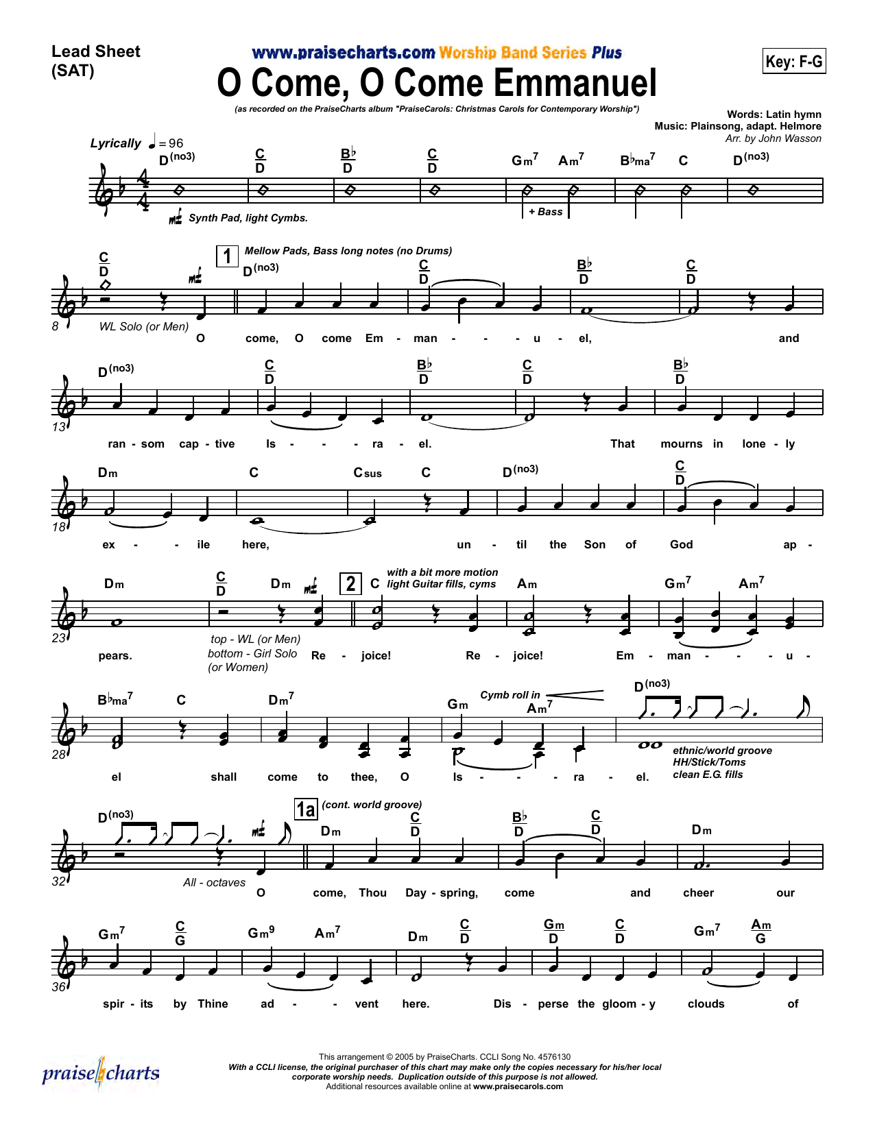 Download John Wasson O Come O Come Emmanuel Sheet Music and learn how to play Lead Sheet / Fake Book PDF digital score in minutes