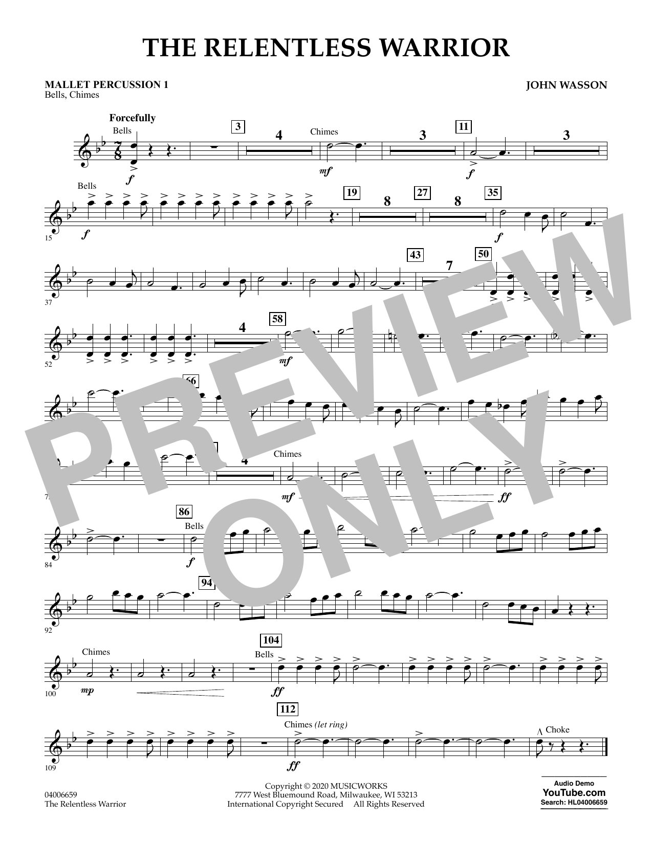 Download John Wasson The Relentless Warrior - Mallet Percussion 1 Sheet Music and learn how to play Concert Band PDF digital score in minutes