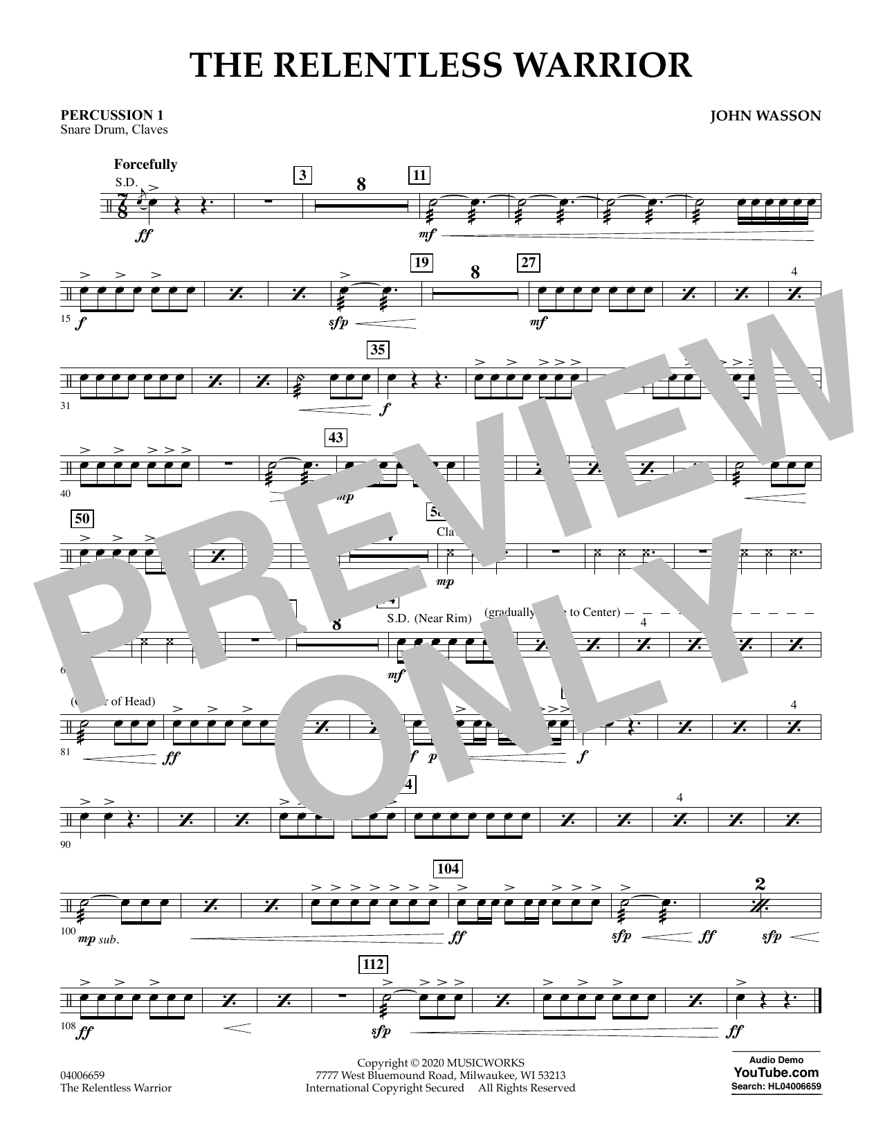 Download John Wasson The Relentless Warrior - Percussion 1 Sheet Music and learn how to play Concert Band PDF digital score in minutes