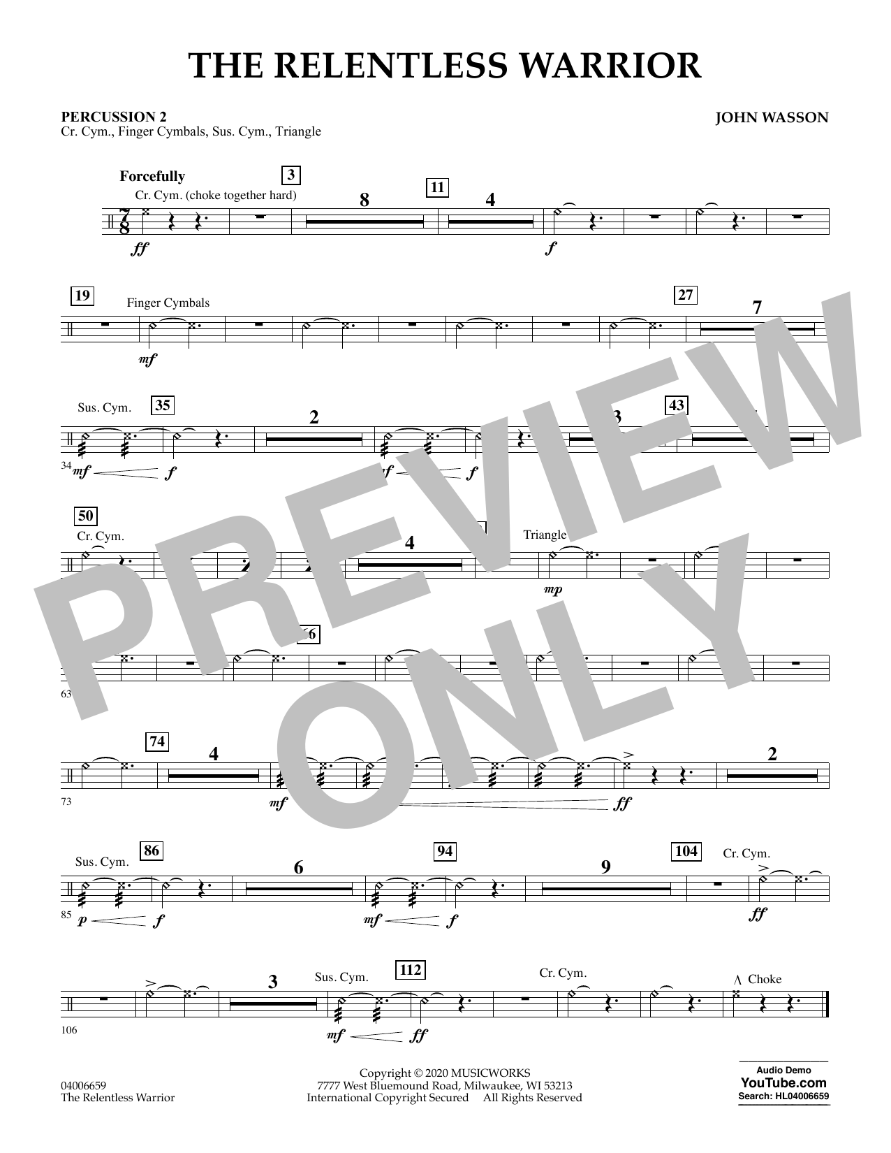 Download John Wasson The Relentless Warrior - Percussion 2 Sheet Music and learn how to play Concert Band PDF digital score in minutes