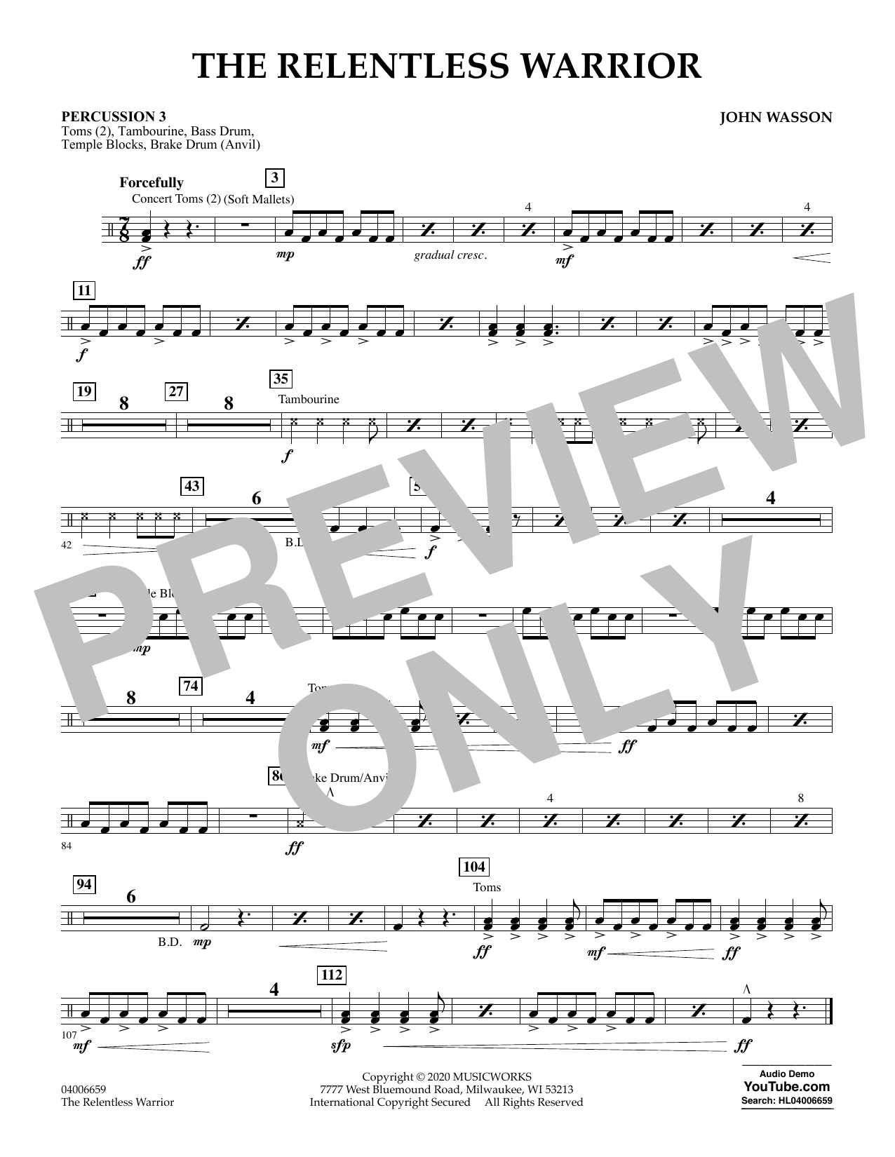 Download John Wasson The Relentless Warrior - Percussion 3 Sheet Music and learn how to play Concert Band PDF digital score in minutes