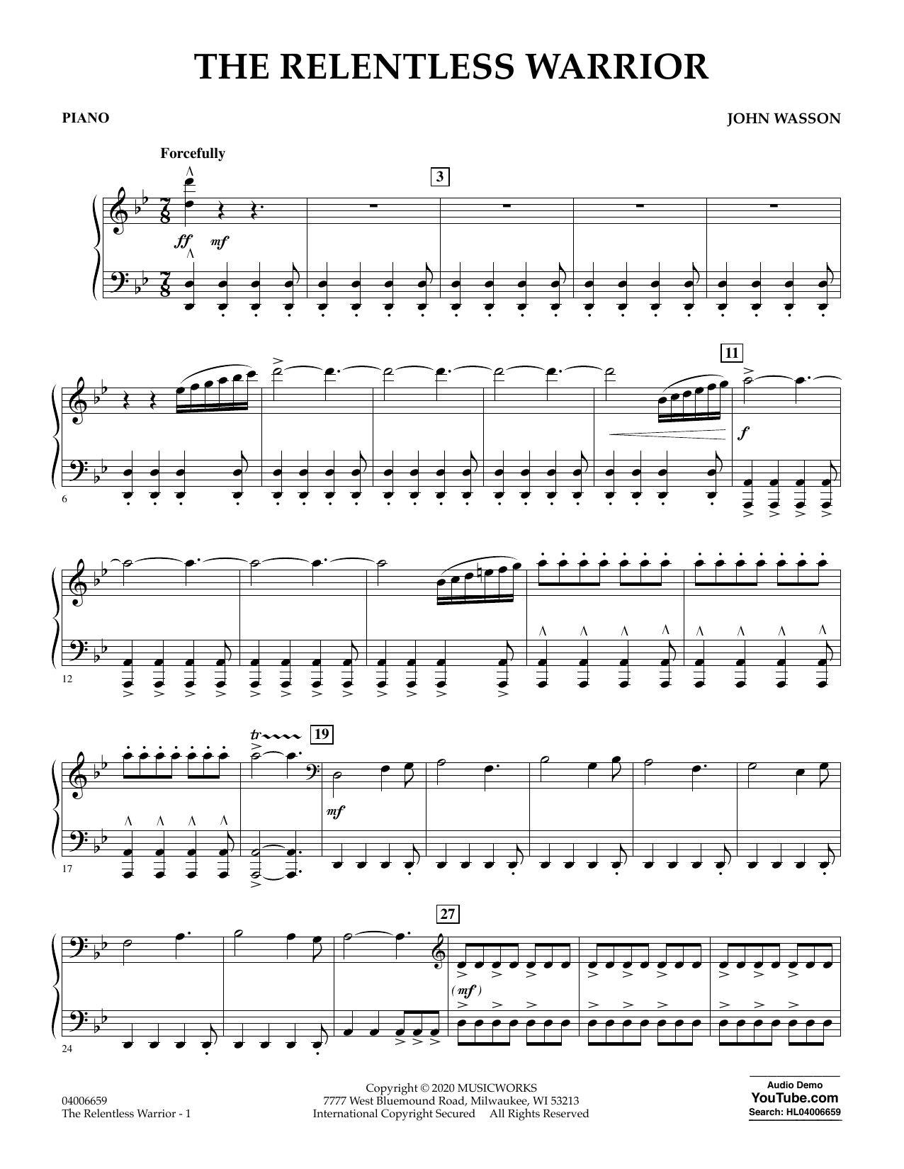 Download John Wasson The Relentless Warrior - Piano Sheet Music and learn how to play Concert Band PDF digital score in minutes