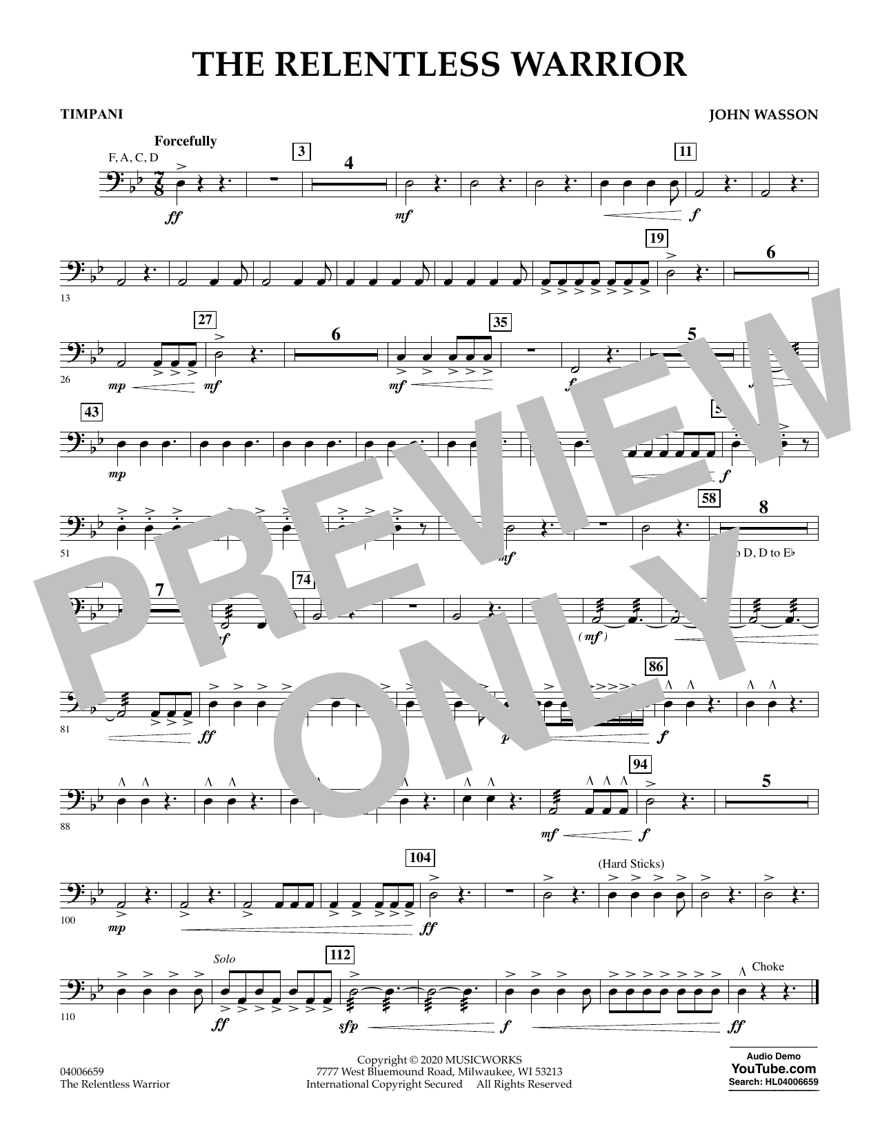 Download John Wasson The Relentless Warrior - Timpani Sheet Music and learn how to play Concert Band PDF digital score in minutes