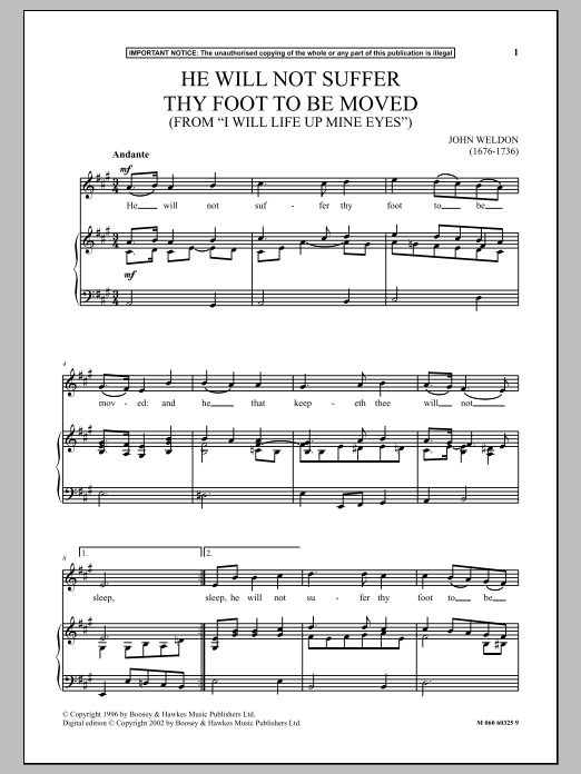 Download John Weldon He Will Not Suffer Thy Foot To Be Moved (from I Will Lift Up Mine Eyes) Sheet Music and learn how to play Piano & Vocal PDF digital score in minutes