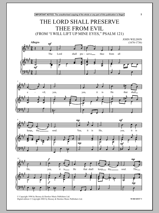 Download John Weldon The Lord Shall Preserve Thee From Evil (from I Will Lift Up Mine Eyes, Psalm 121 Sheet Music and learn how to play Piano & Vocal PDF digital score in minutes