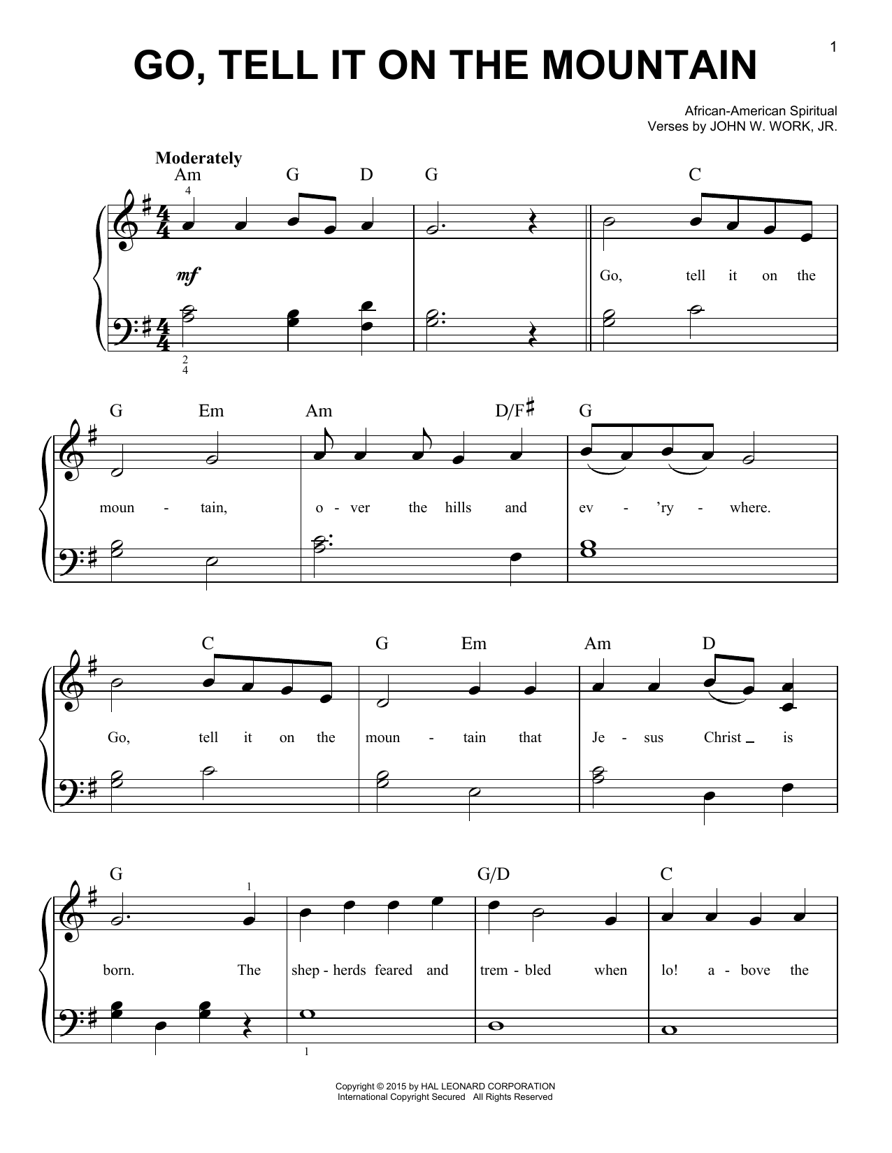 Download African-American Spiritual Go, Tell It On The Mountain Sheet Music and learn how to play Easy Piano PDF digital score in minutes