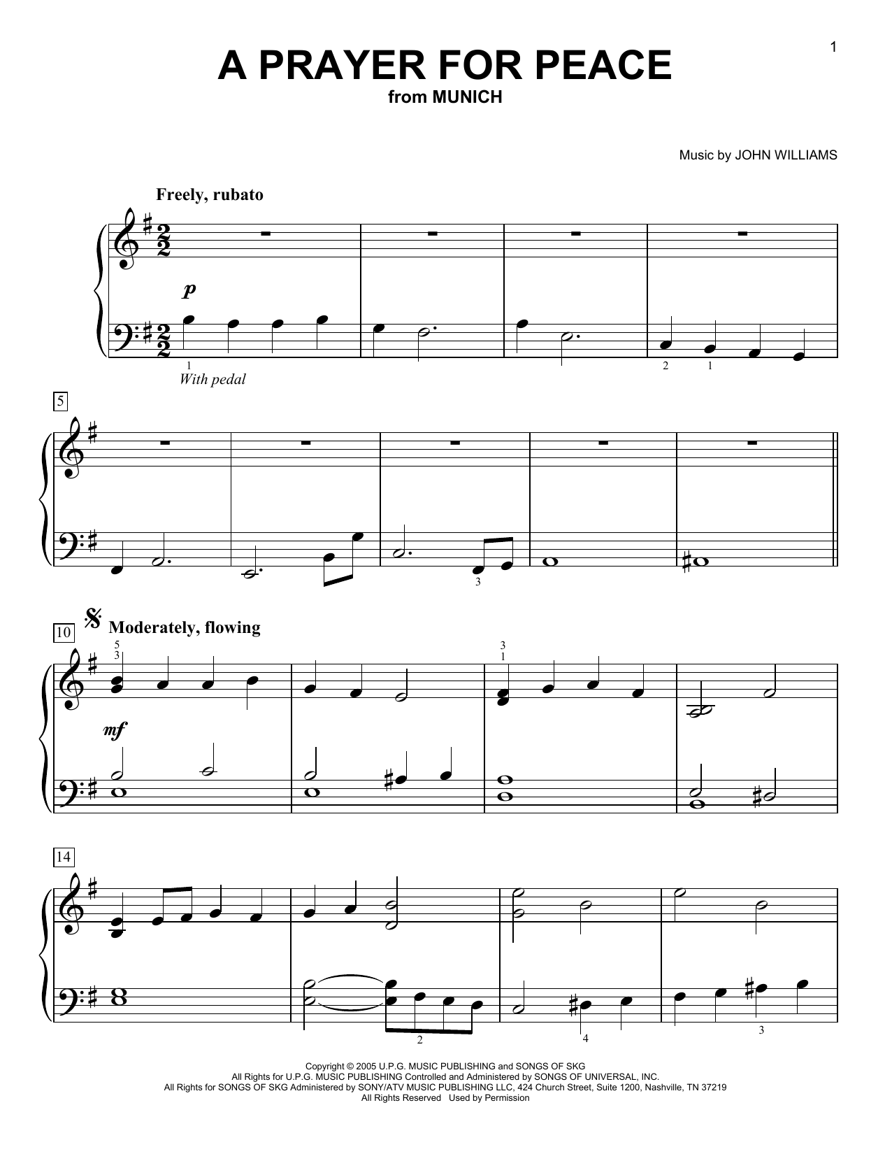 Download John Williams A Prayer For Peace (from Munich) Sheet Music and learn how to play Easy Piano PDF digital score in minutes