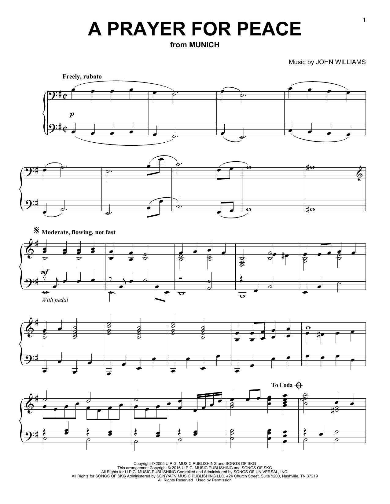 Download John Williams A Prayer For Peace Sheet Music and learn how to play Piano PDF digital score in minutes