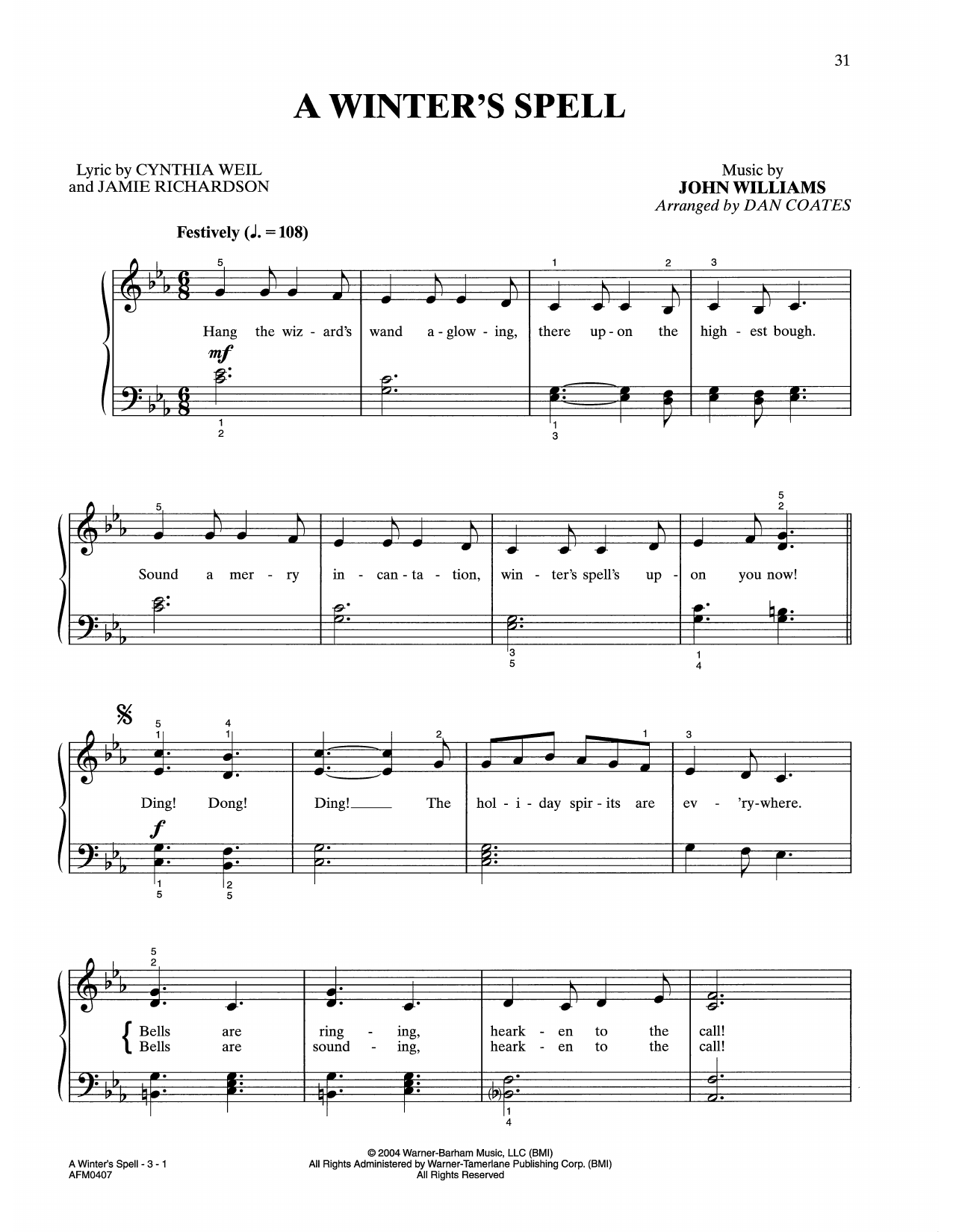 Download John Williams A Winter's Spell (from Harry Potter) (arr. Dan Coates) Sheet Music and learn how to play Easy Piano PDF digital score in minutes