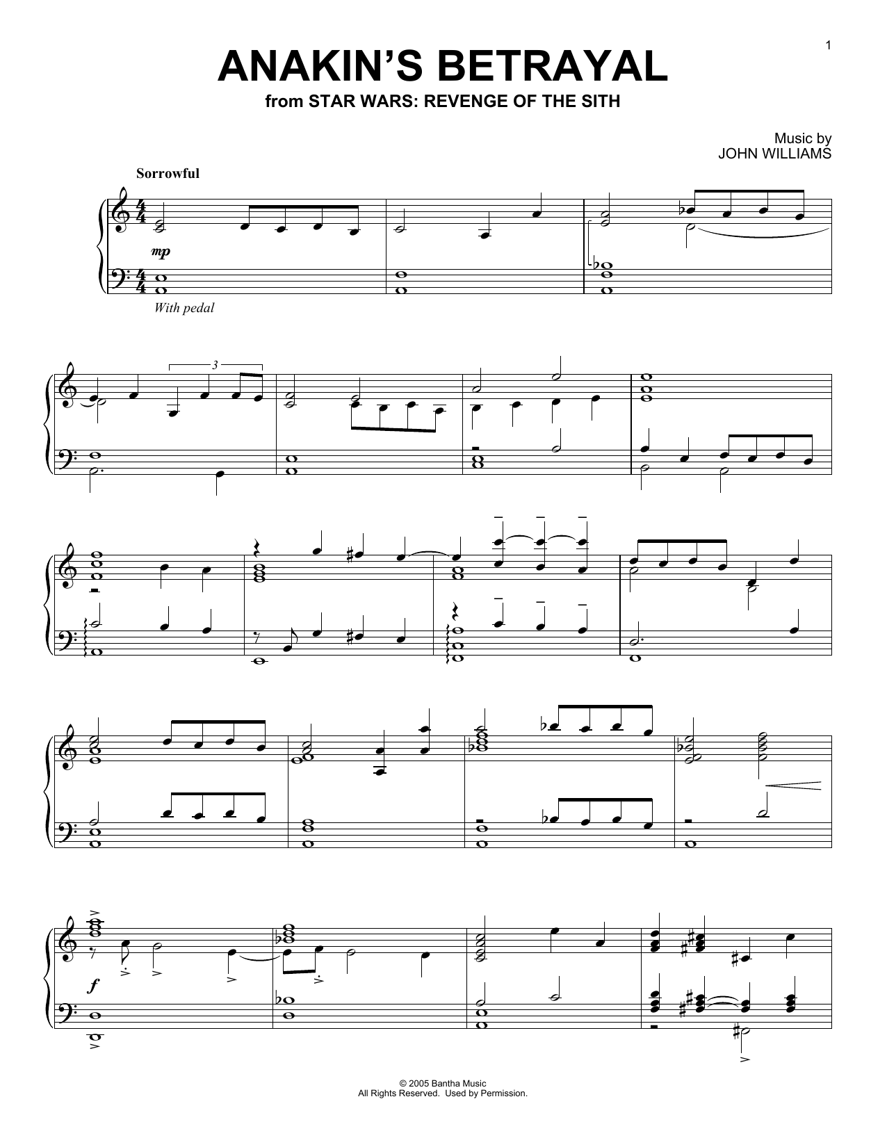 Download John Williams Anakin's Betrayal (from Star Wars: Revenge Of The Sith) Sheet Music and learn how to play Piano Solo PDF digital score in minutes