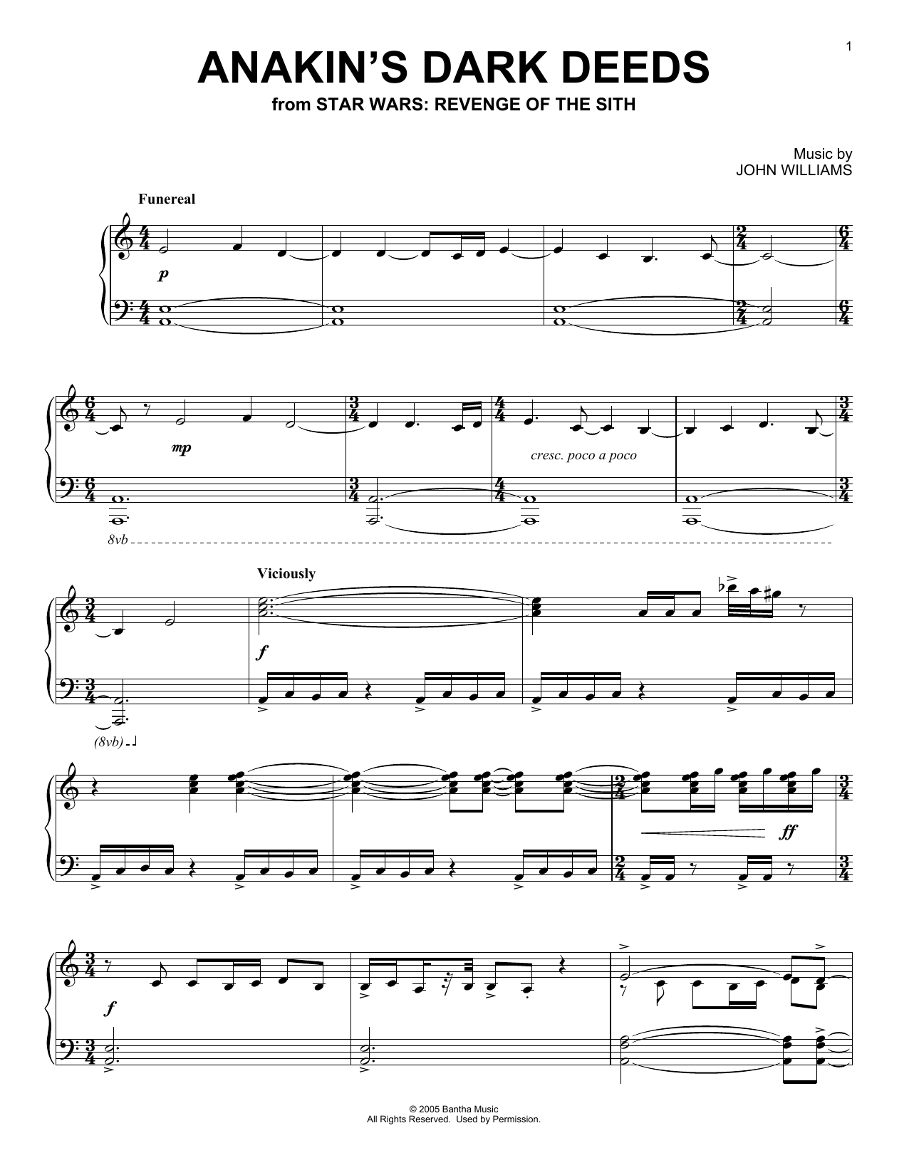 Download John Williams Anakin's Dark Deeds (from Star Wars: Revenge Of The Sith) Sheet Music and learn how to play Piano Solo PDF digital score in minutes