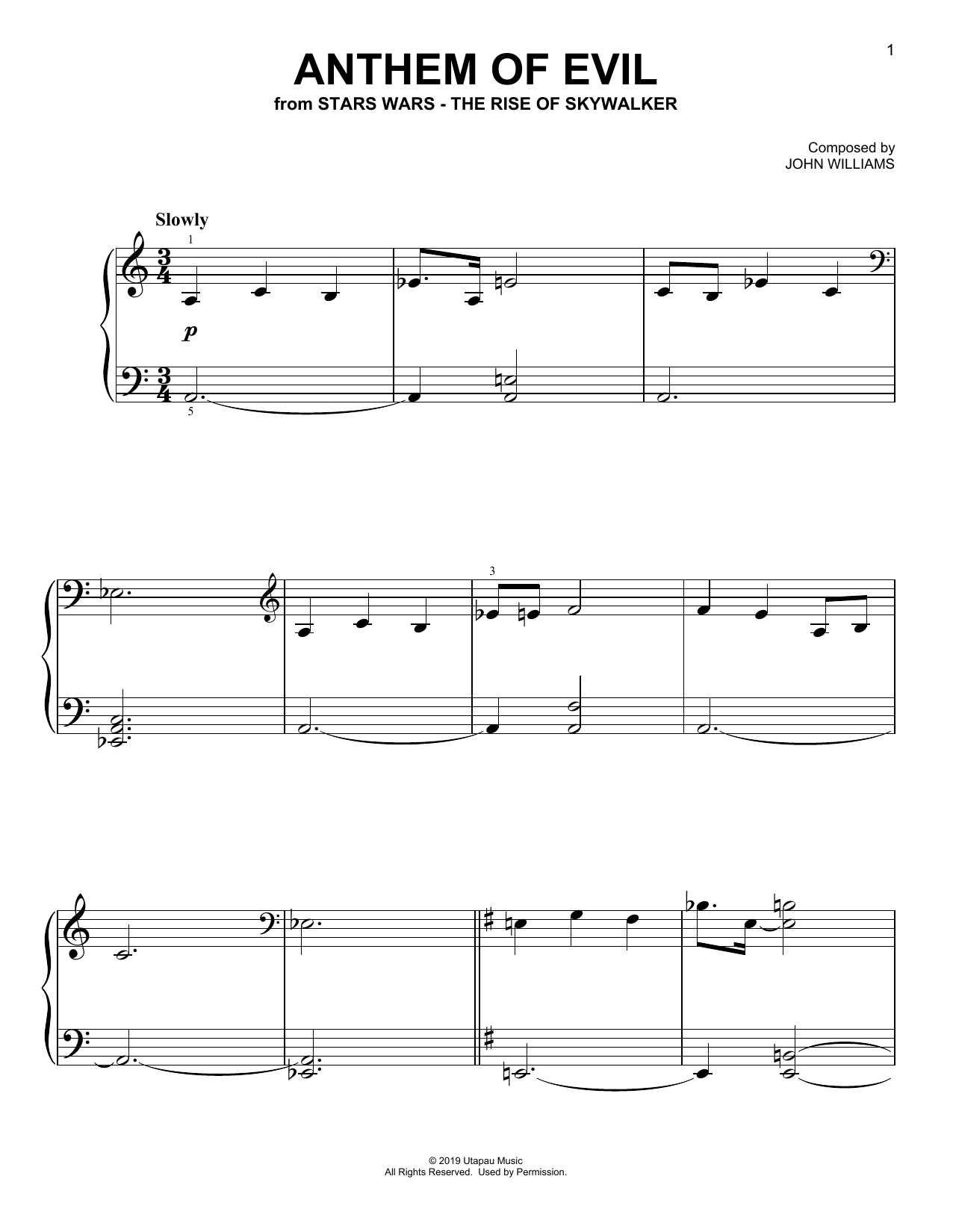 Download John Williams Anthem Of Evil (from The Rise Of Skywalker) Sheet Music and learn how to play Piano Solo PDF digital score in minutes