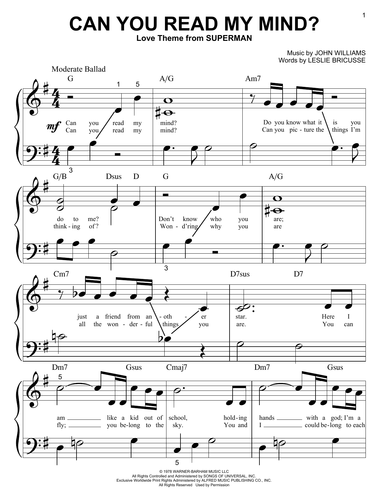 Download John Williams Can You Read My Mind? (Love Theme from SUPERMAN) Sheet Music and learn how to play Big Note Piano PDF digital score in minutes