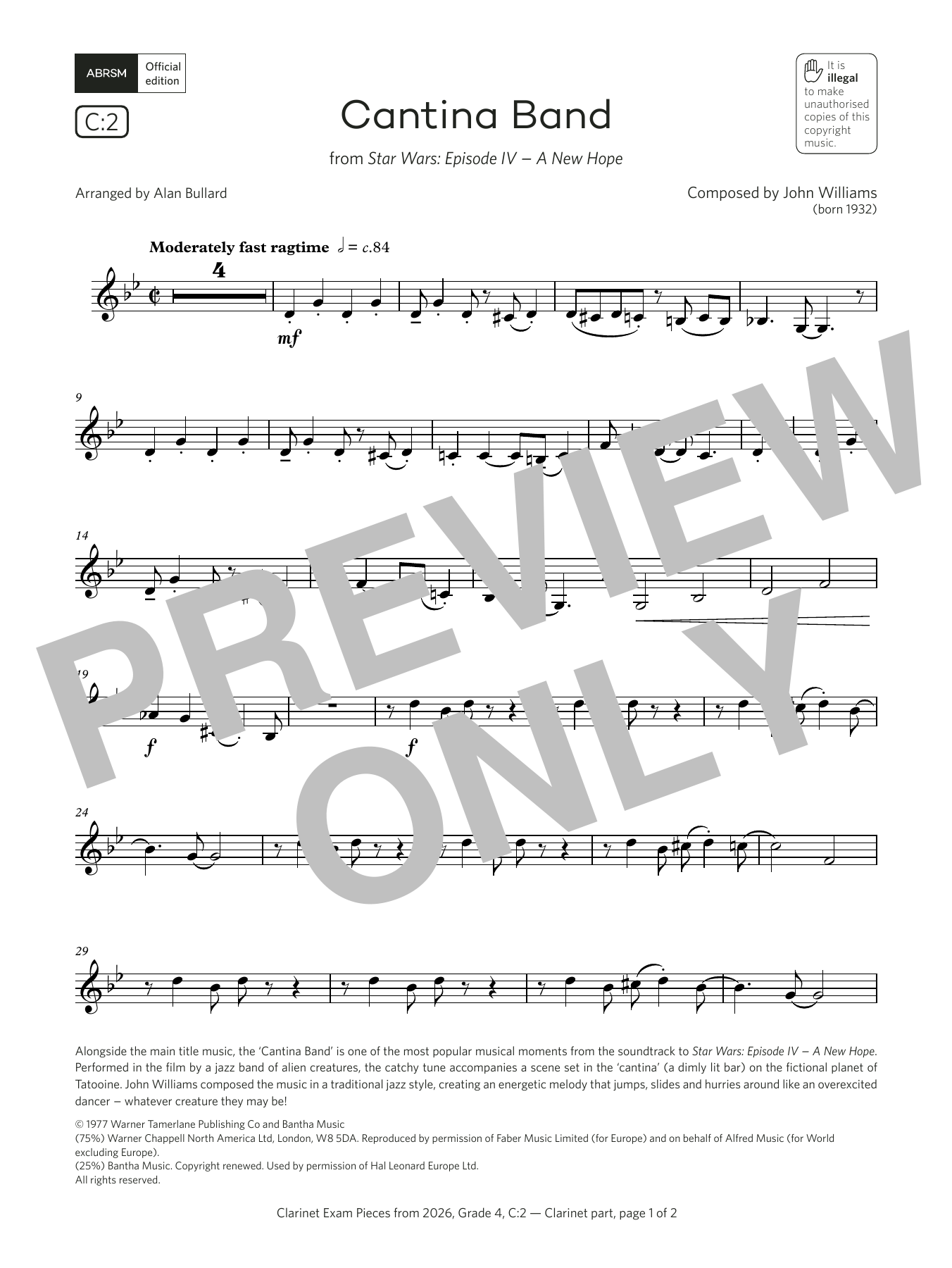 Download John Williams Cantina Band (Grade 4, list C2, from the ABRSM Clarinet Syllabus from 2026) Sheet Music and learn how to play Clarinet Solo PDF digital score in minutes