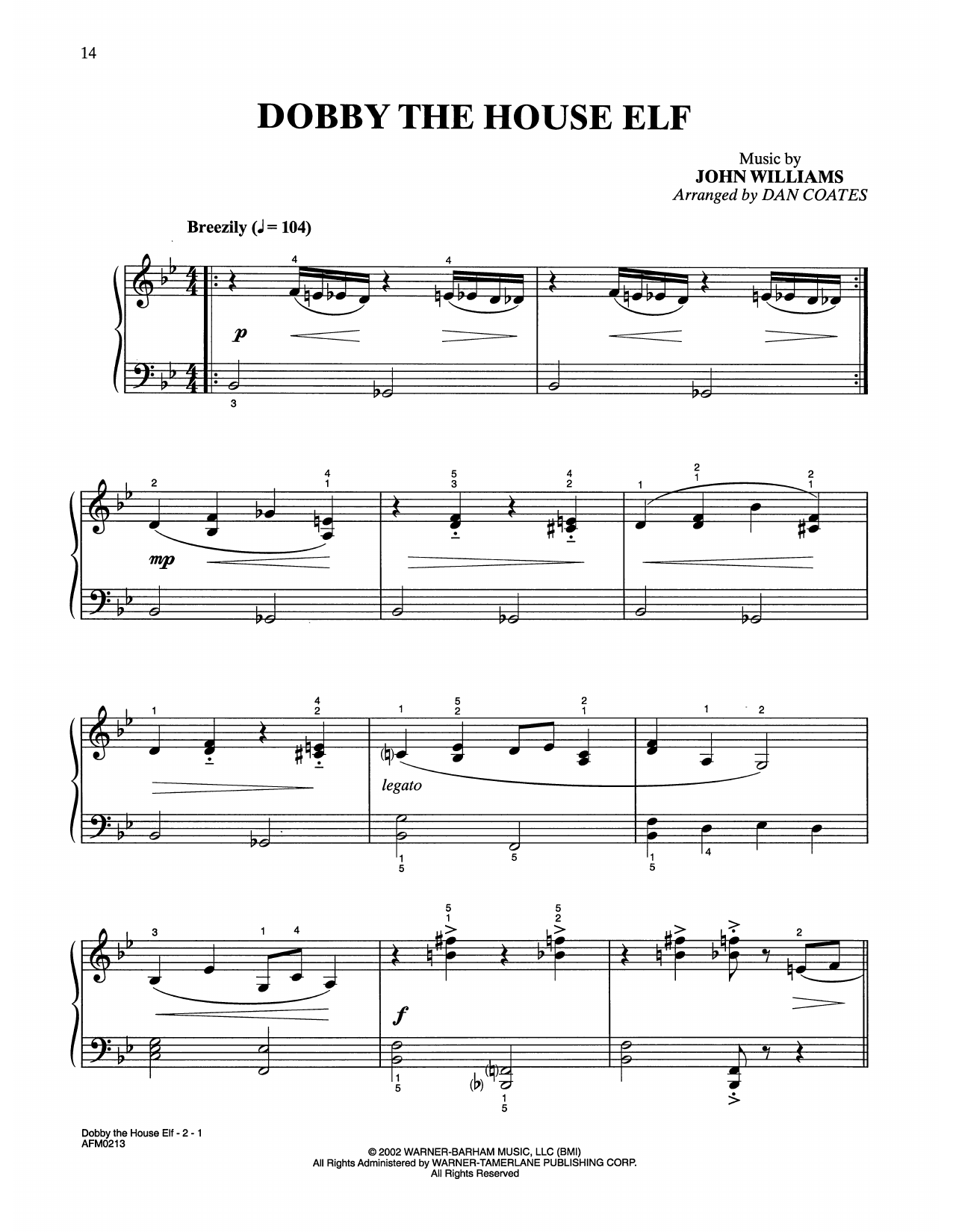 Download John Williams Dobby The House Elf (from Harry Potter And The Chamber Of Secrets) (arr. Dan Coa Sheet Music and learn how to play Easy Piano PDF digital score in minutes