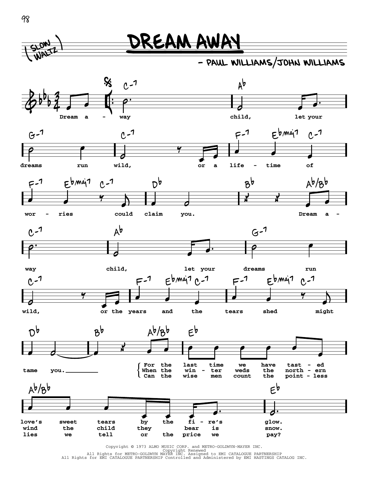 Download John Williams Dream Away (High Voice) Sheet Music and learn how to play Real Book – Melody, Lyrics & Chords PDF digital score in minutes