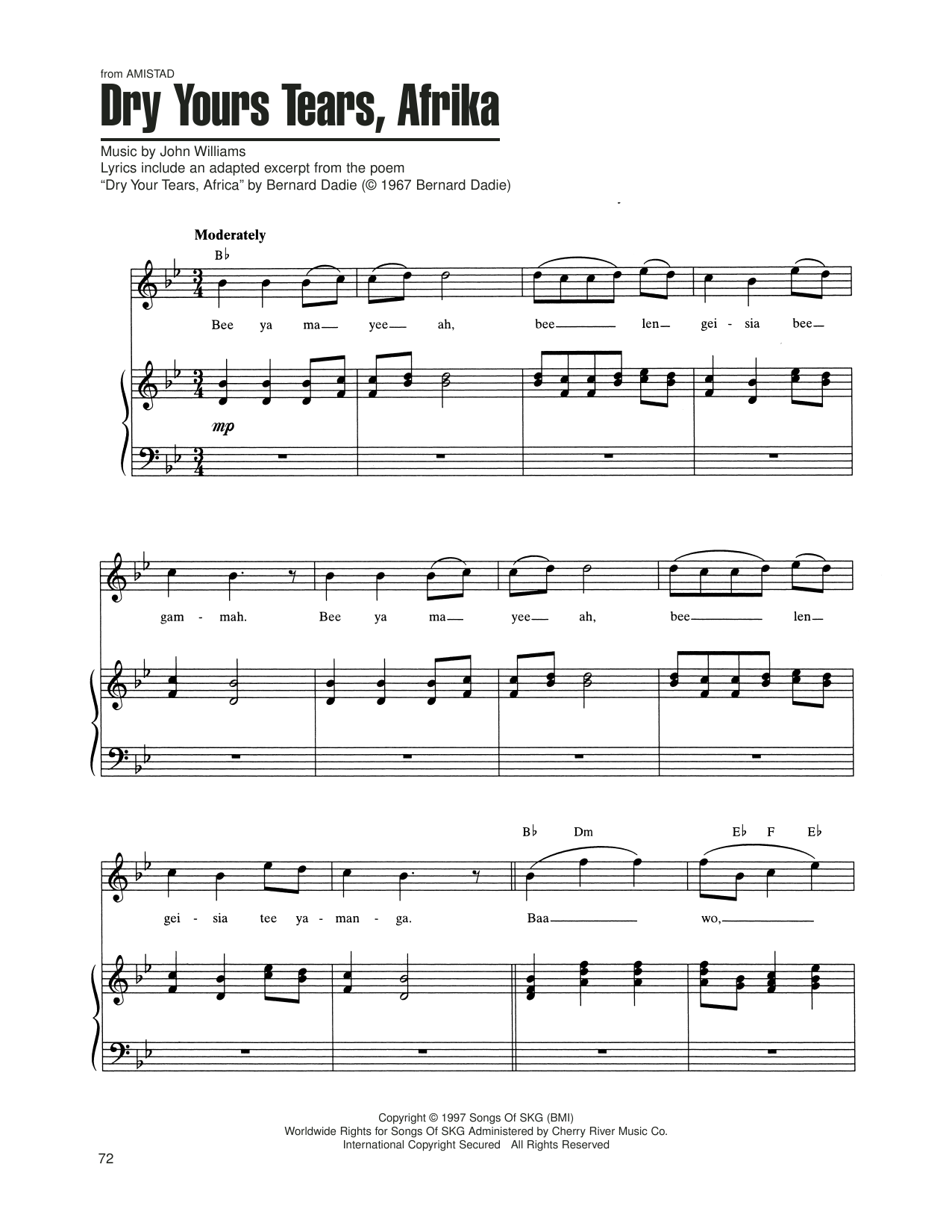 Download John Williams Dry Your Tears, Afrika (from Amistad) Sheet Music and learn how to play Piano, Vocal & Guitar Chords (Right-Hand Melody) PDF digital score in minutes