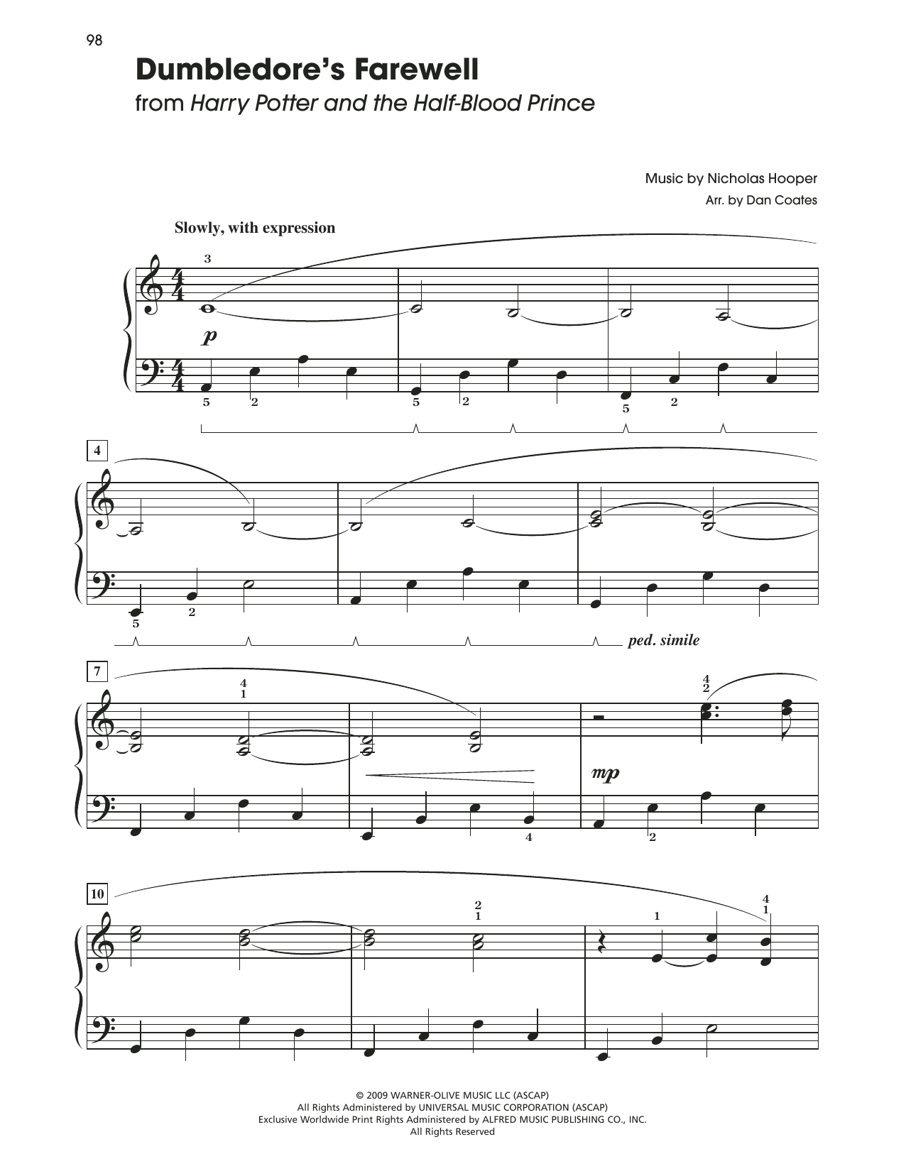 Download John Williams Dumbledore's Farewell (from Harry Potter) (arr. Dan Coates) Sheet Music and learn how to play Easy Piano PDF digital score in minutes