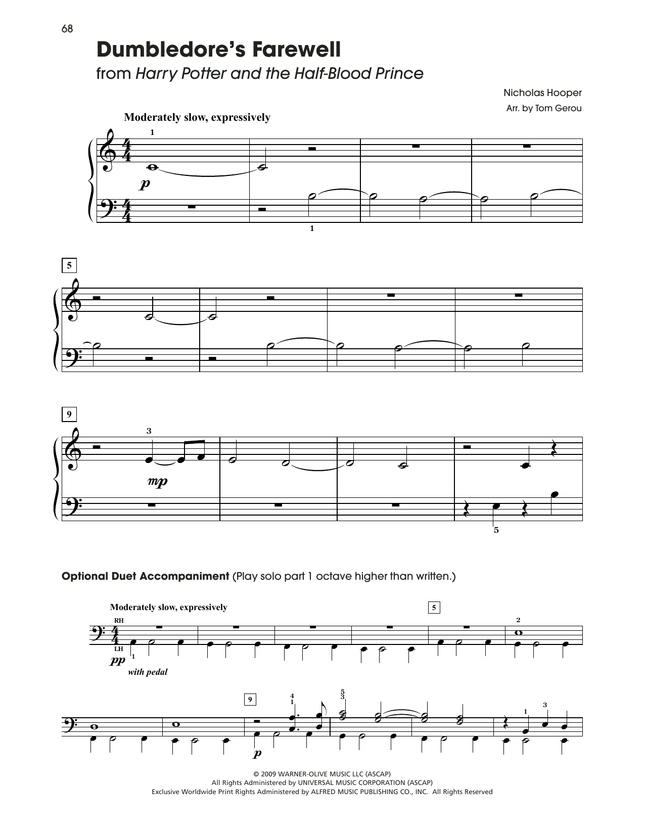 Download John Williams Dumbledore's Farewell (from Harry Potter) (arr. Tom Gerou) Sheet Music and learn how to play 5-Finger Piano PDF digital score in minutes