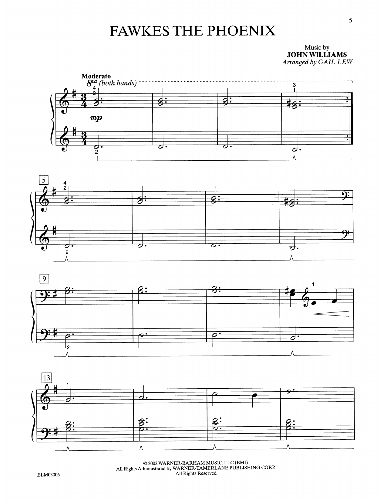 Download John Williams Fawkes The Phoenix (from Harry Potter) (arr. Gail Lew) Sheet Music and learn how to play Easy Piano PDF digital score in minutes